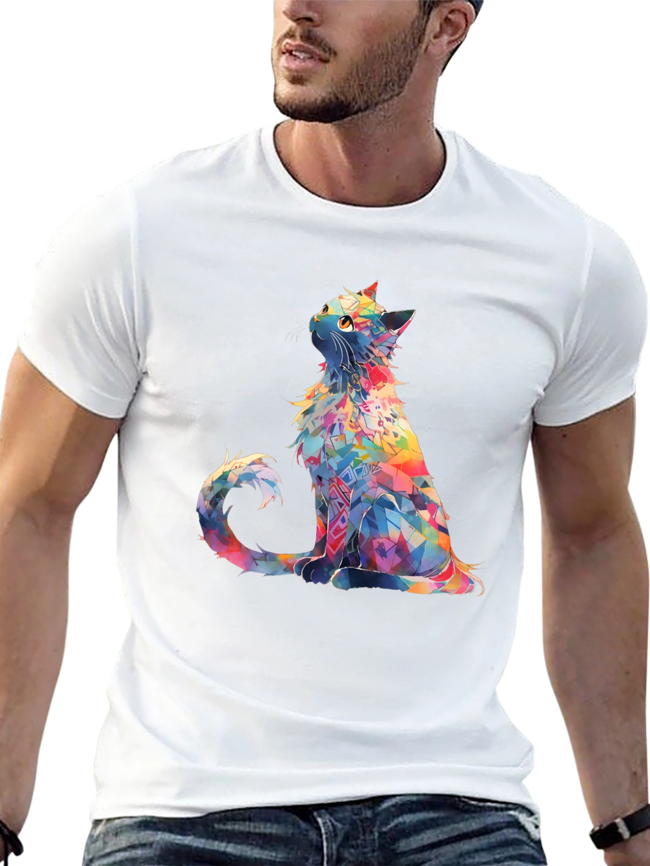 Rainbow Cat T-Shirt - Geometric Art Design