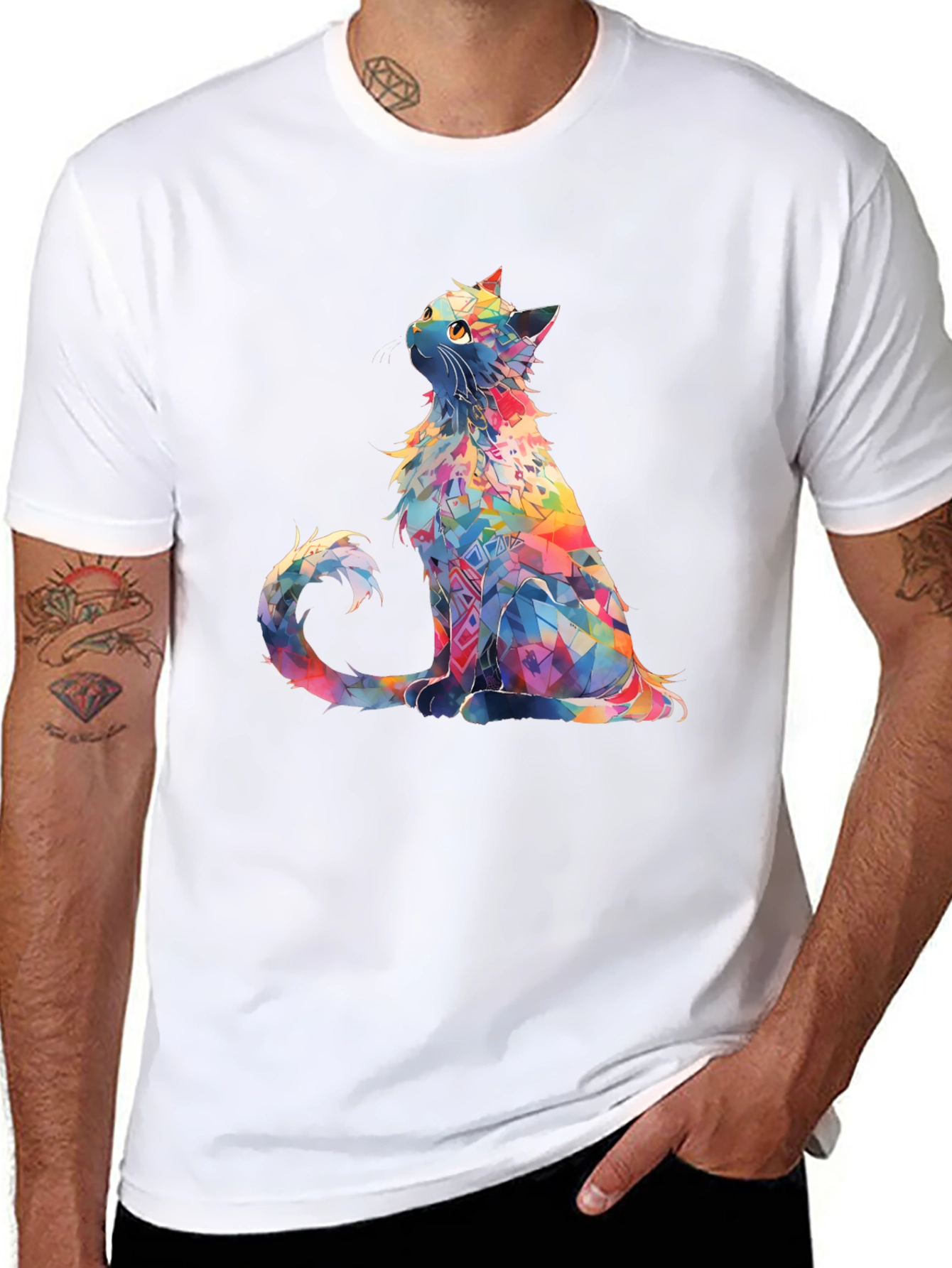 Rainbow Cat T-Shirt - Geometric Art Design