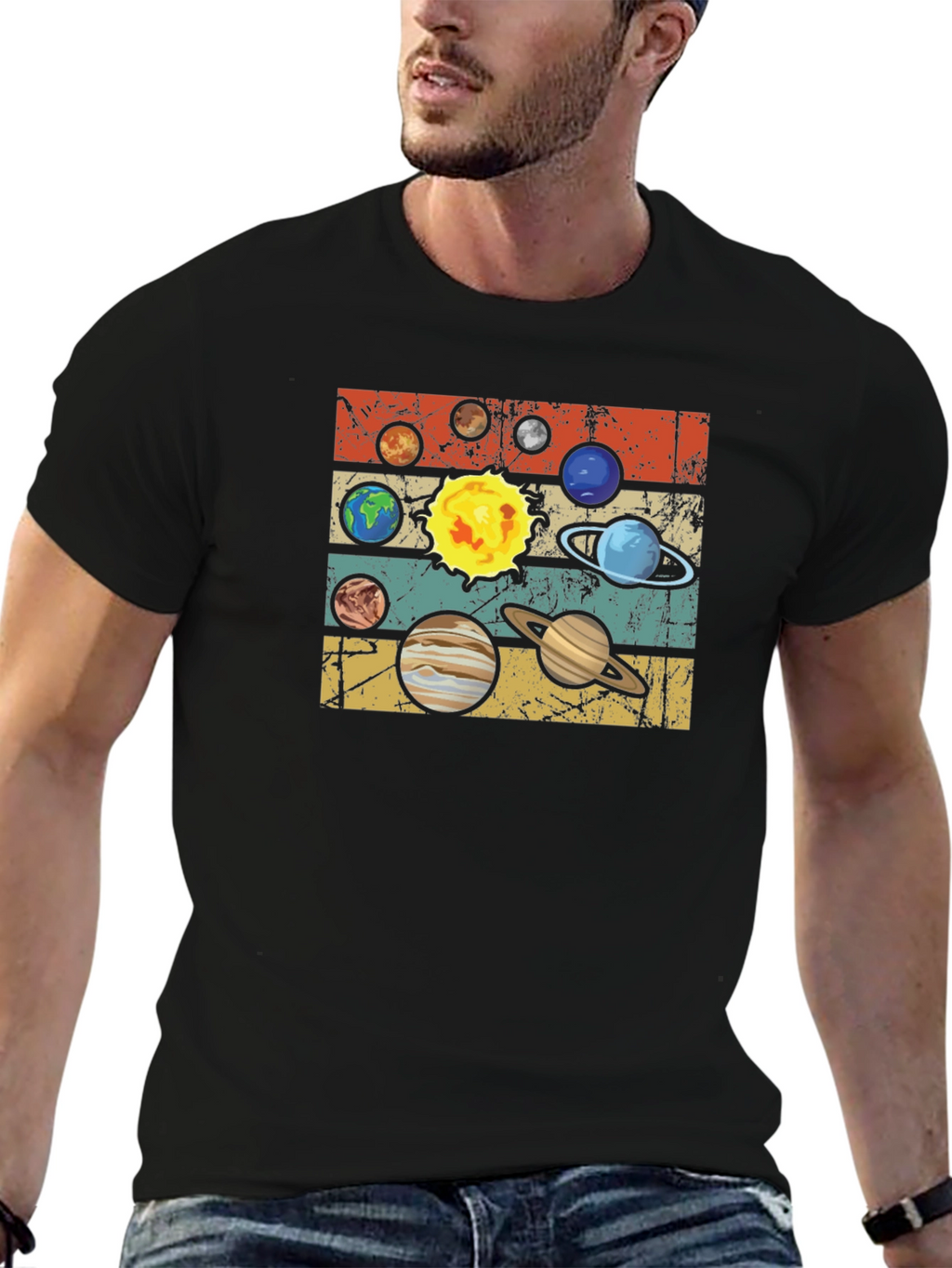 Retro Planets Graphic T-Shirt - Black Cotton Tee