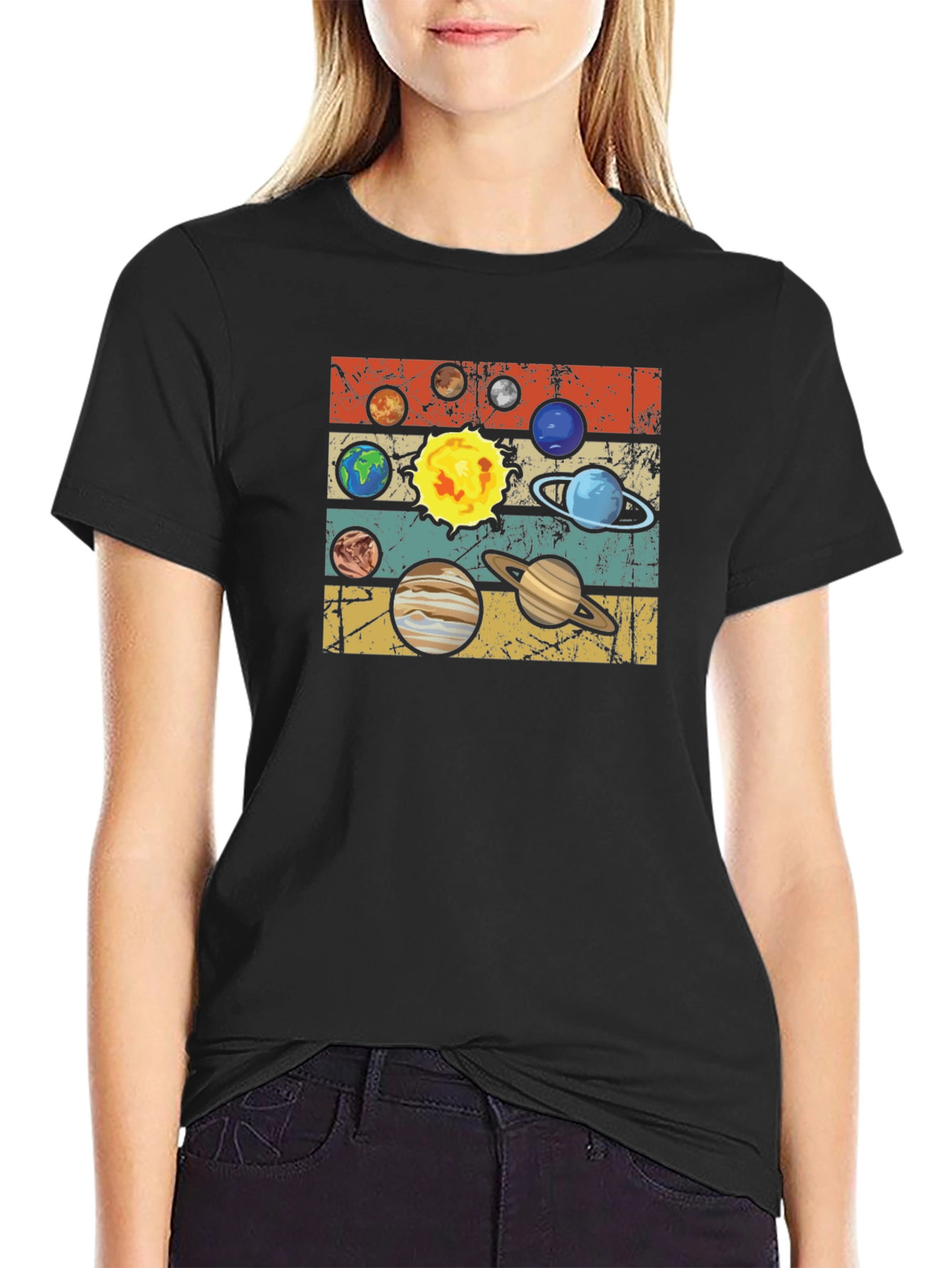 Retro Planets Graphic T-Shirt - Black Cotton Tee