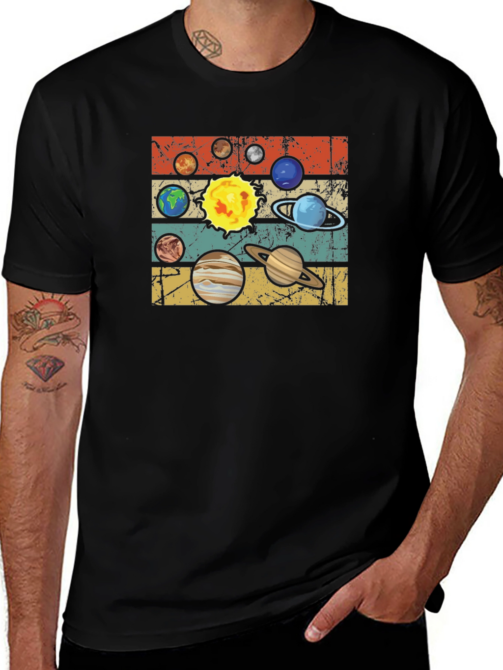 Retro Planets Graphic T-Shirt - Black Cotton Tee