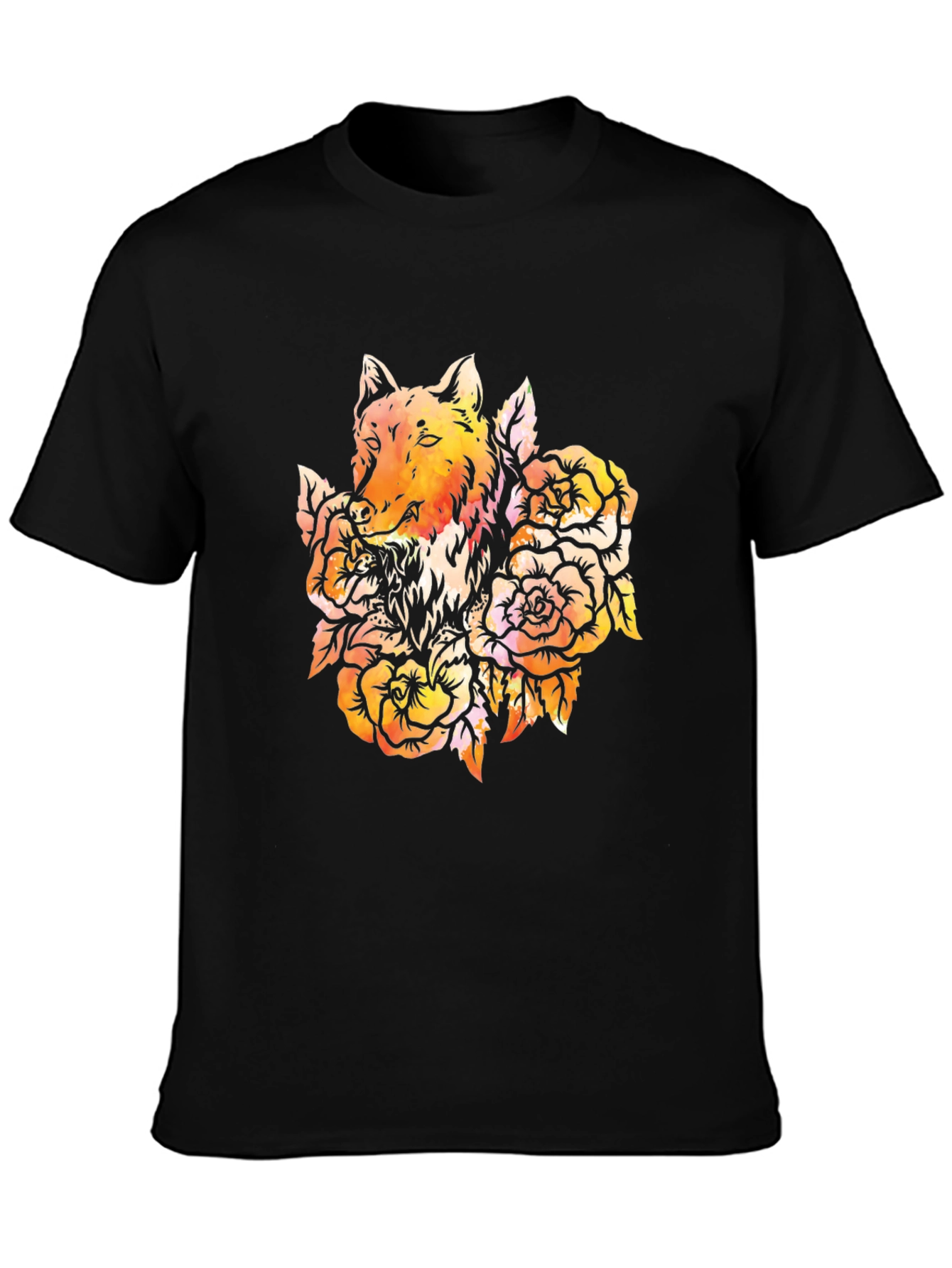 Wolf & Roses Graphic Tee - Trendy Black T-Shirt