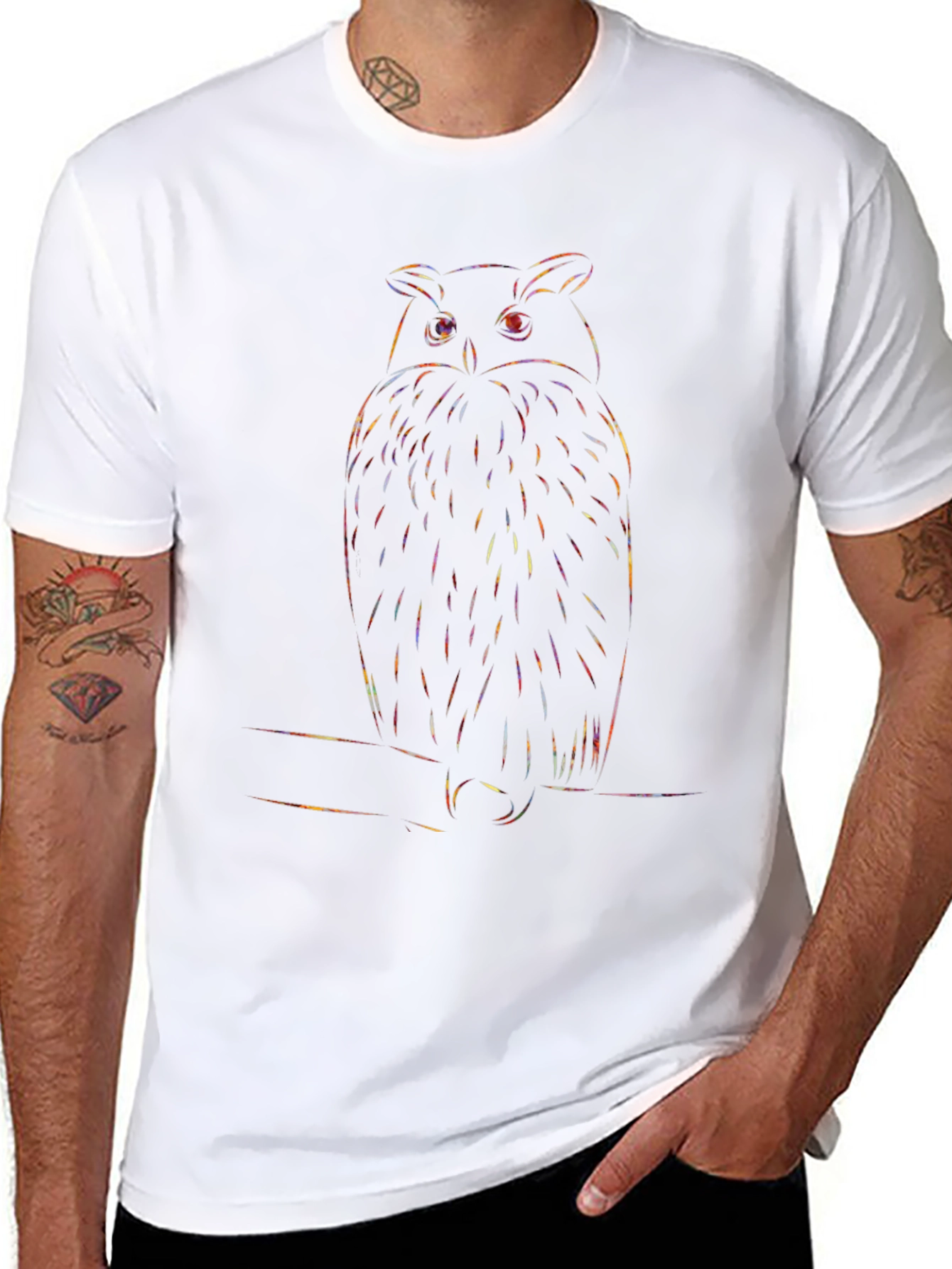 Rainbow Owl Graphic Print Black T-Shirt