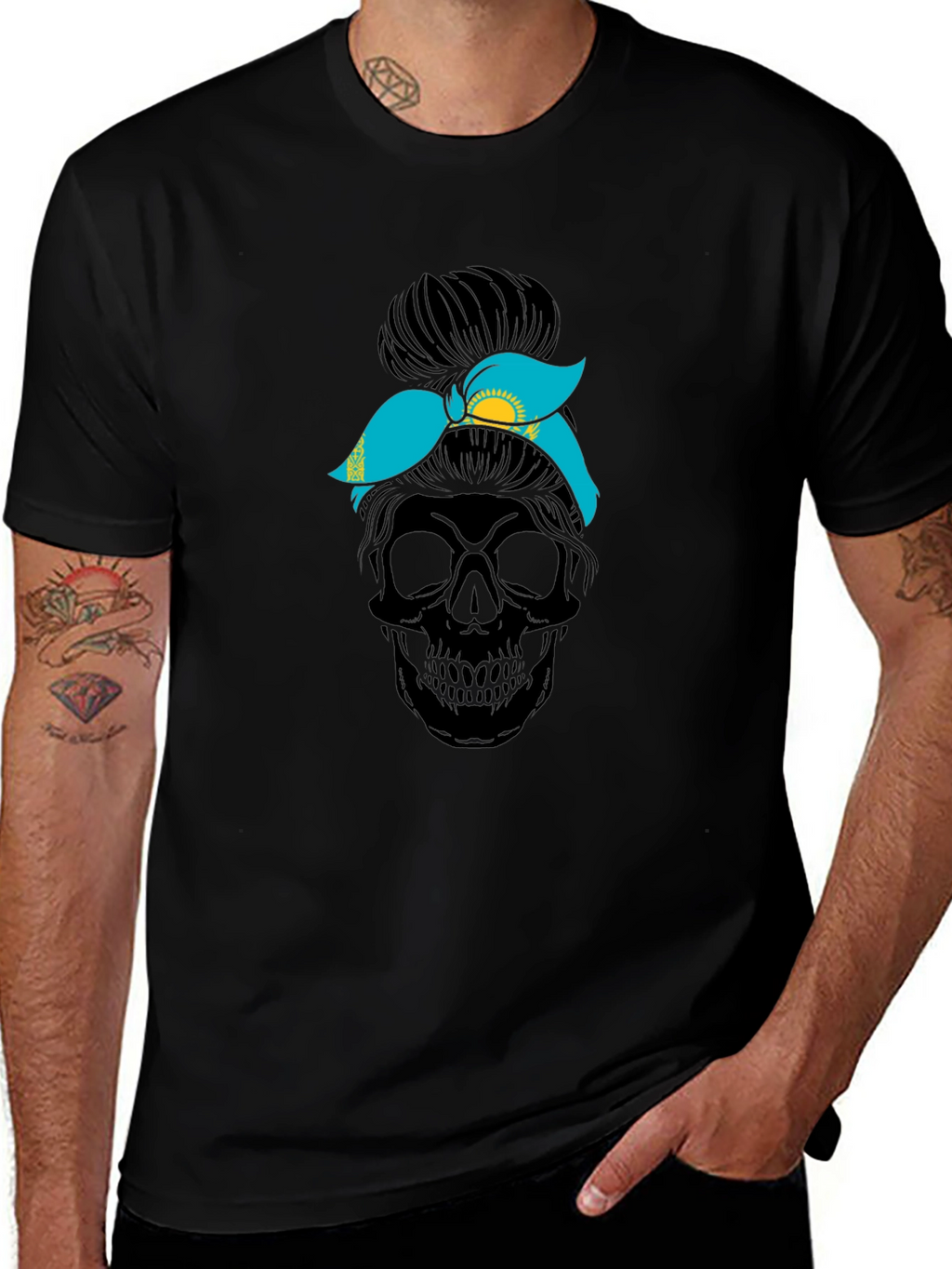 Skull Messy Bun Kazakhstan Flag T-Shirt
