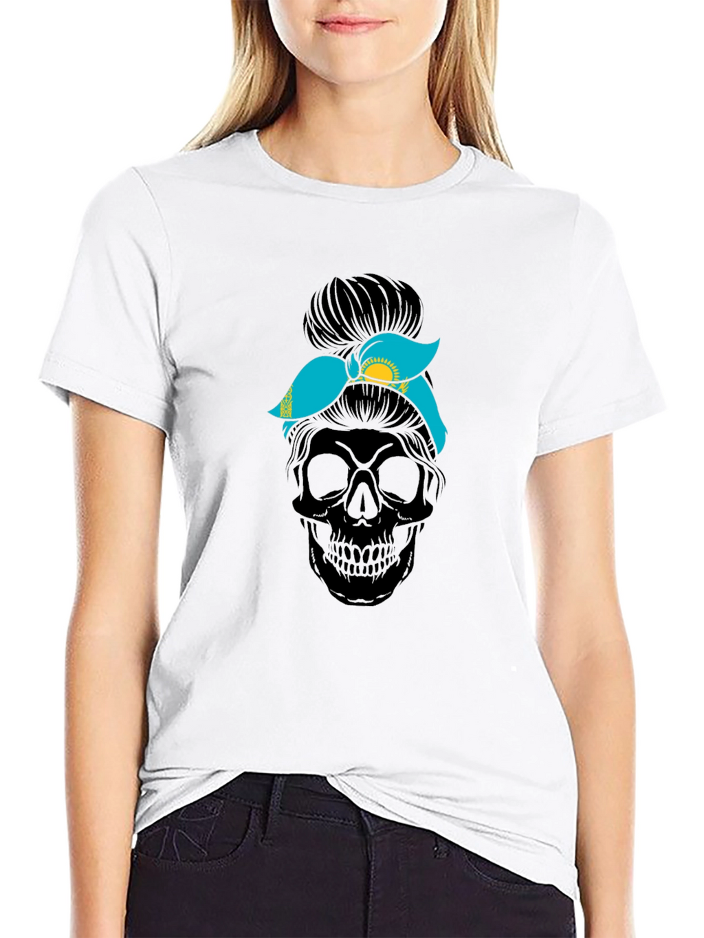 Skull Messy Bun Kazakhstan Flag T-Shirt