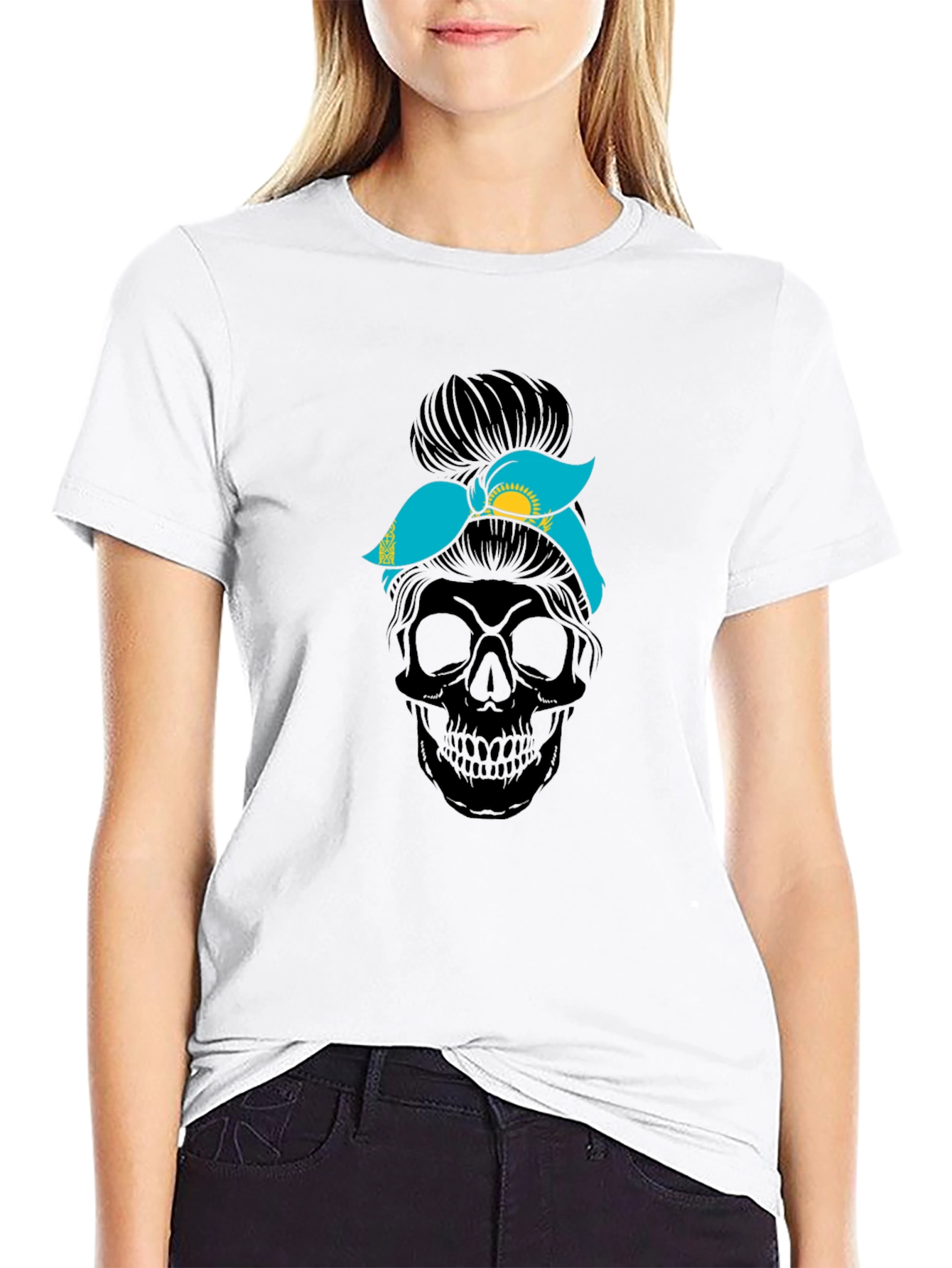 Skull Messy Bun Kazakhstan Flag T-Shirt