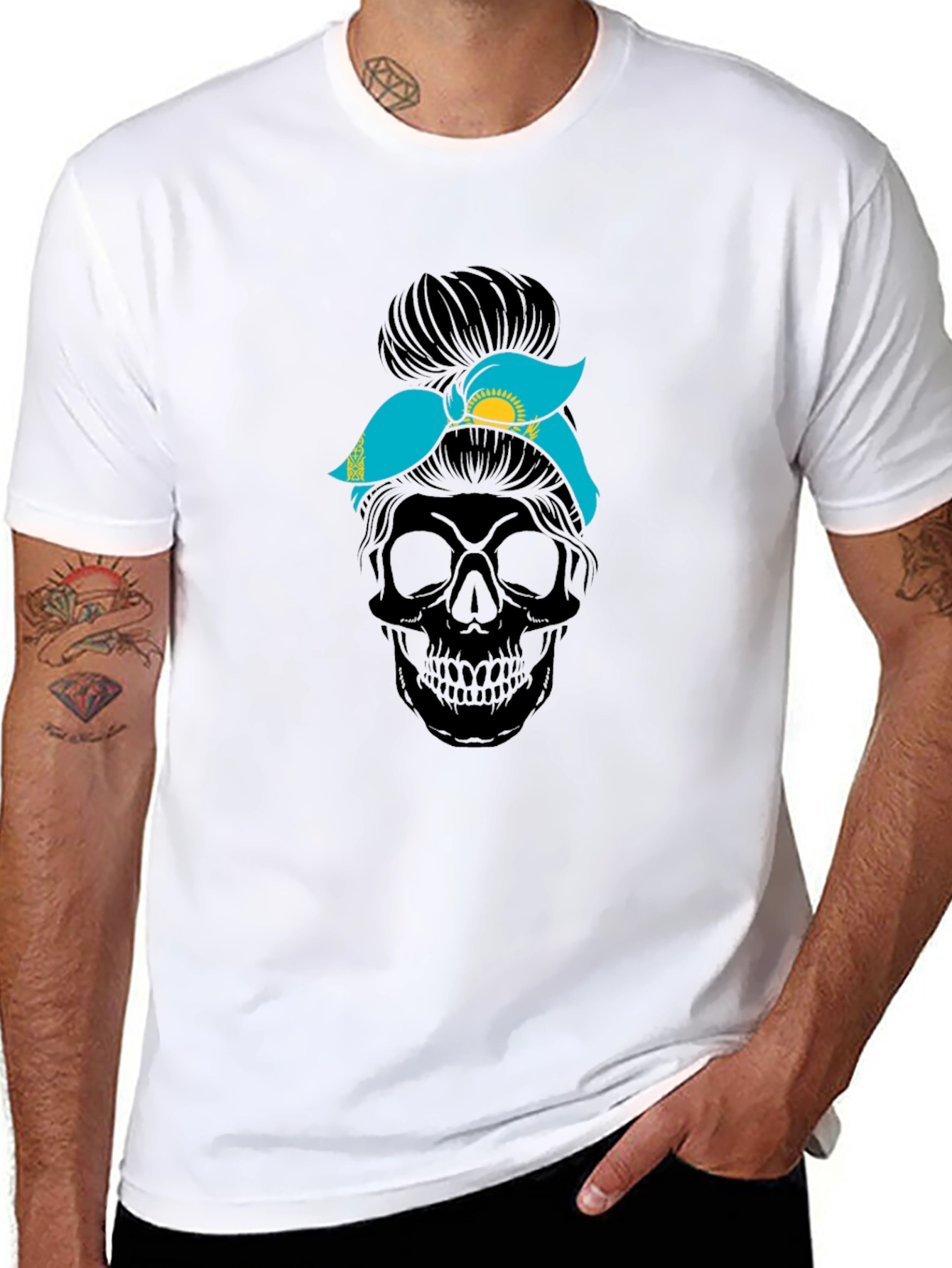Skull Messy Bun Kazakhstan Flag T-Shirt