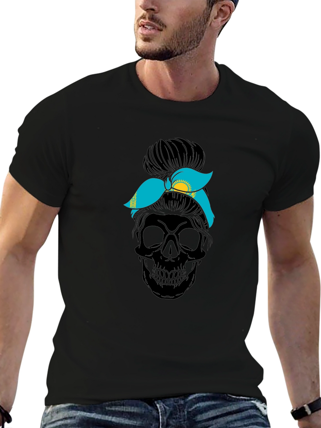Skull Messy Bun Kazakhstan Flag T-Shirt