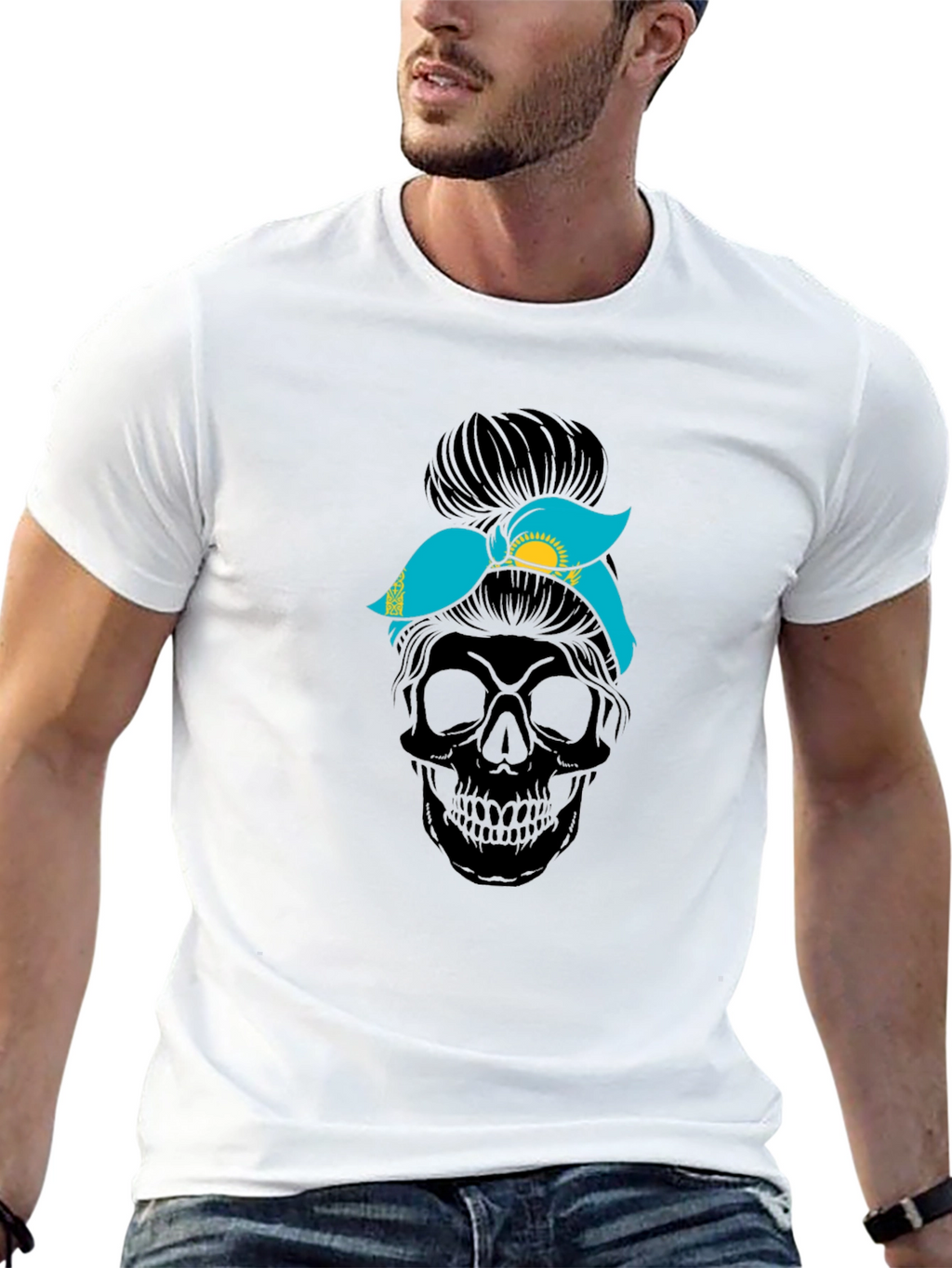 Skull Messy Bun Kazakhstan Flag T-Shirt
