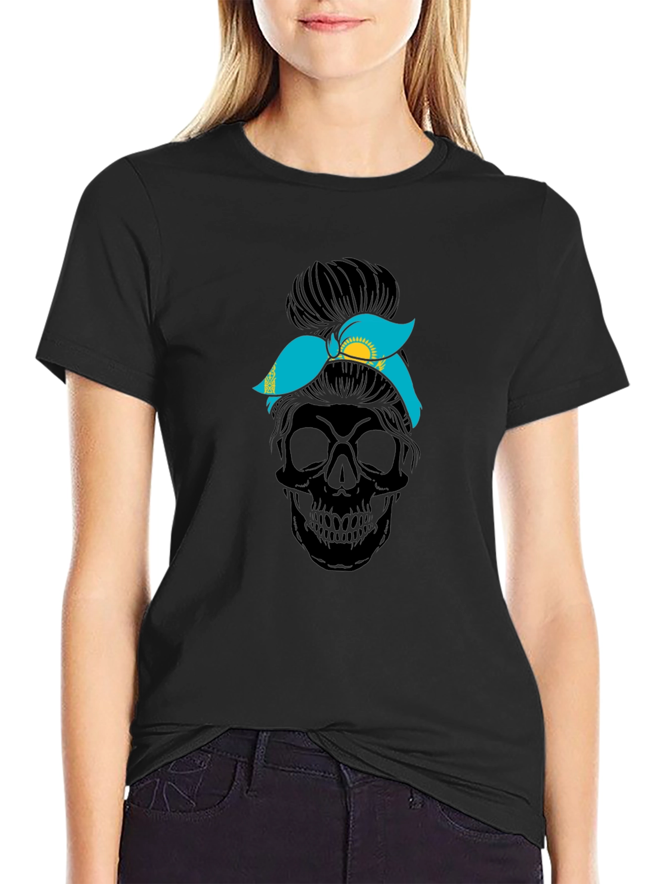 Skull Messy Bun Kazakhstan Flag T-Shirt