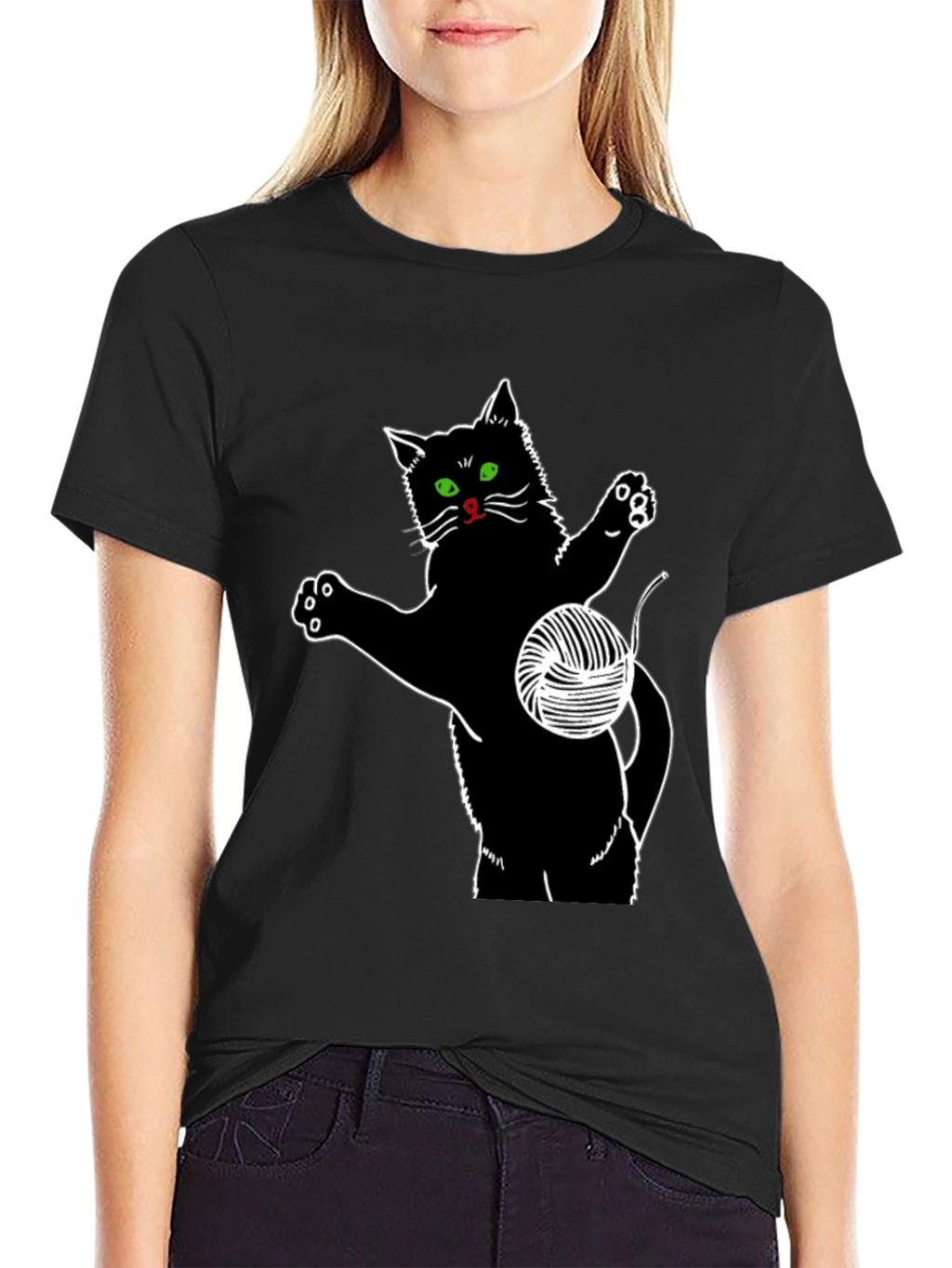 Black Cat T-Shirt with Yarn Ball Graphic
