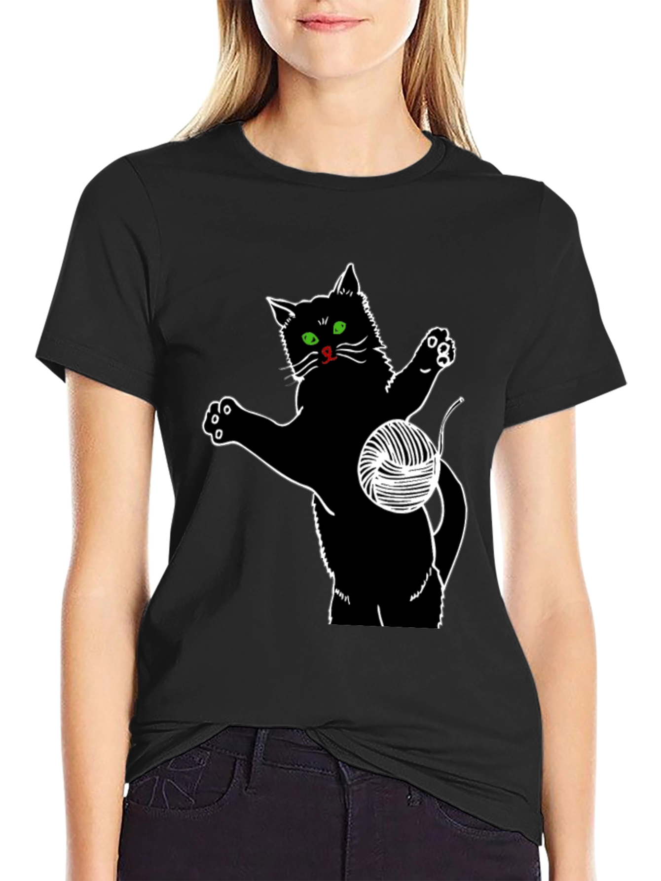 Black Cat T-Shirt with Yarn Ball Graphic