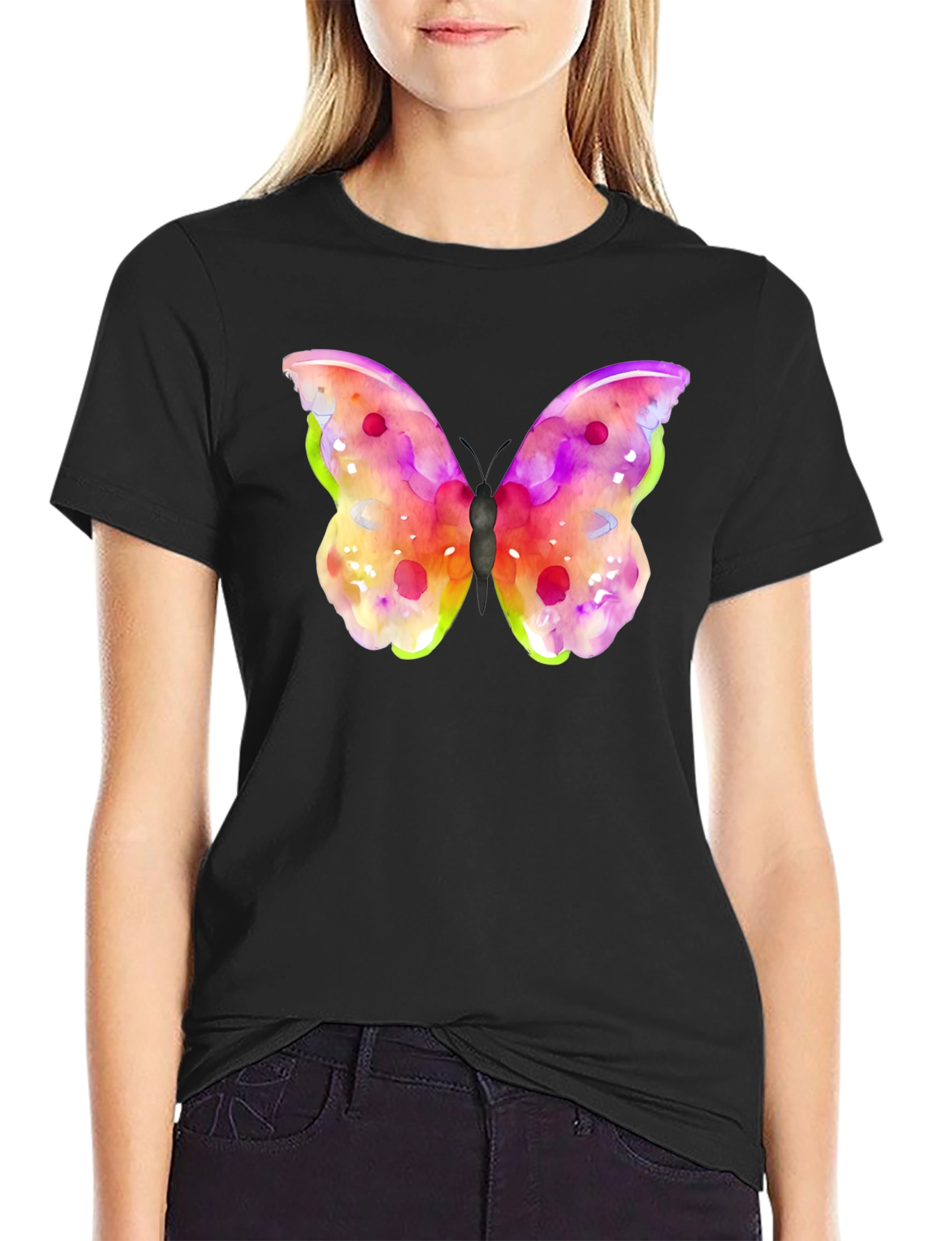Watercolor Butterfly Graphic Black T-Shirt
