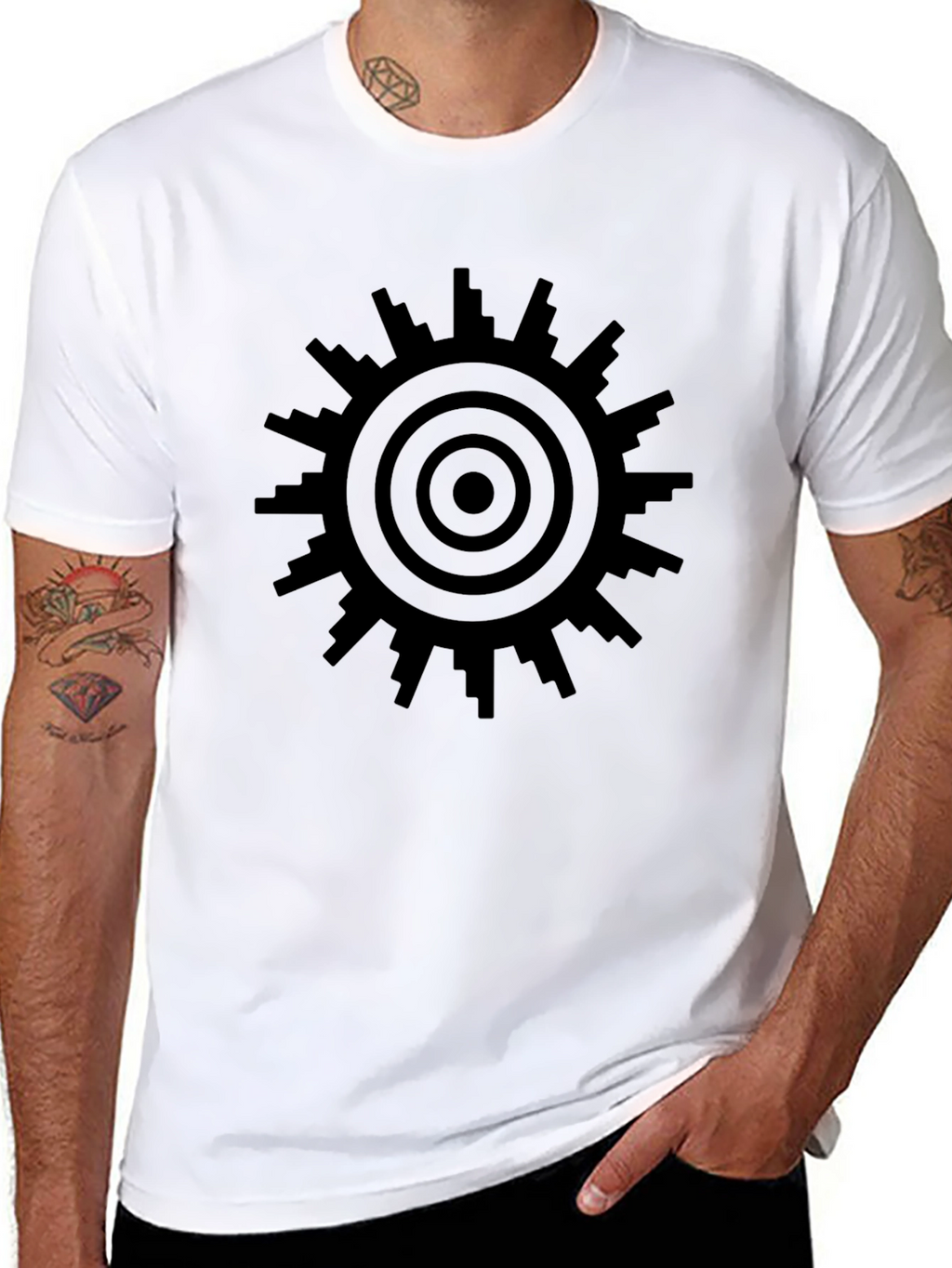 Geometric Sunburst T-Shirt - Modern Cityscape Design