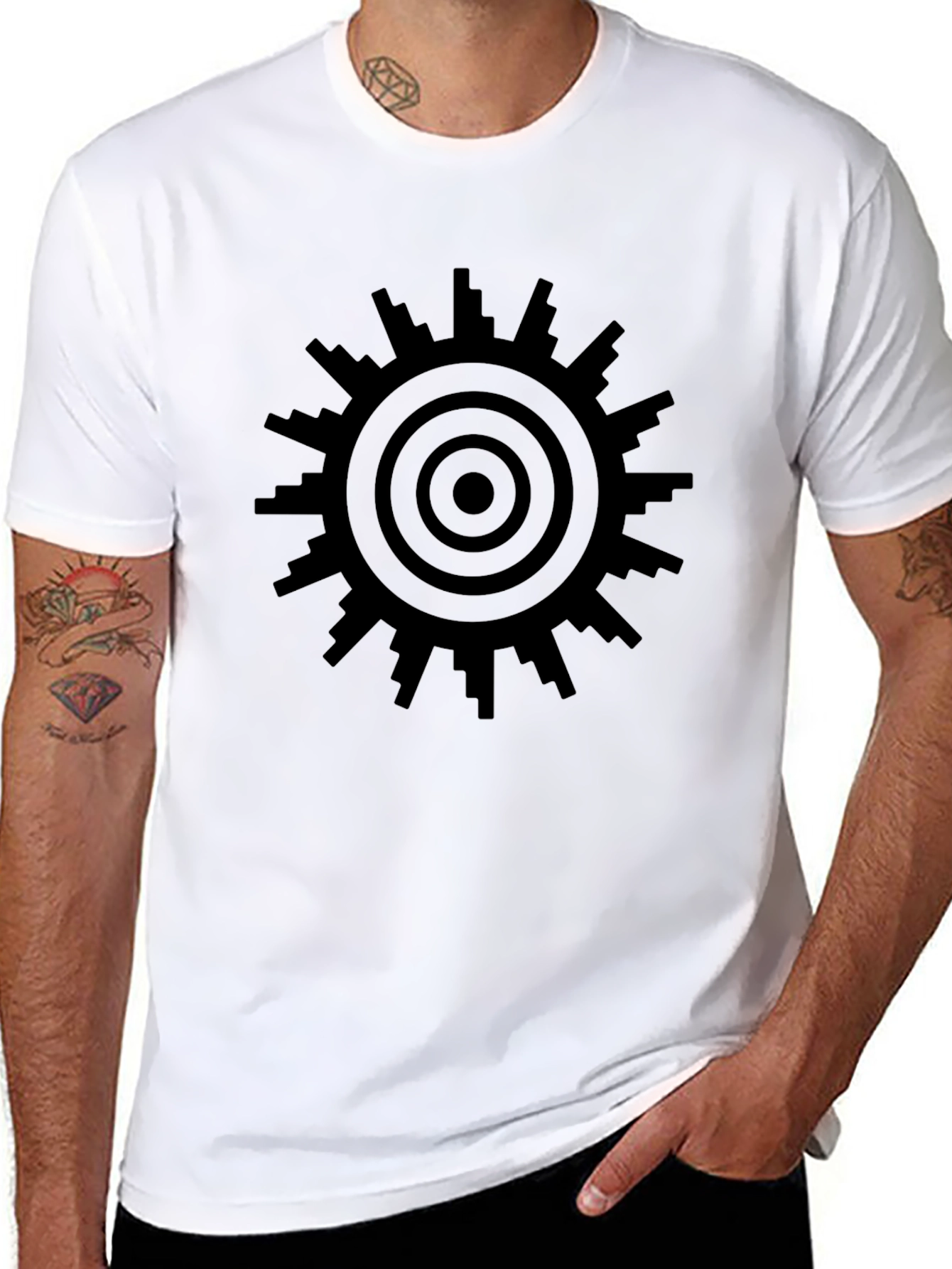 Geometric Sunburst T-Shirt - Modern Cityscape Design