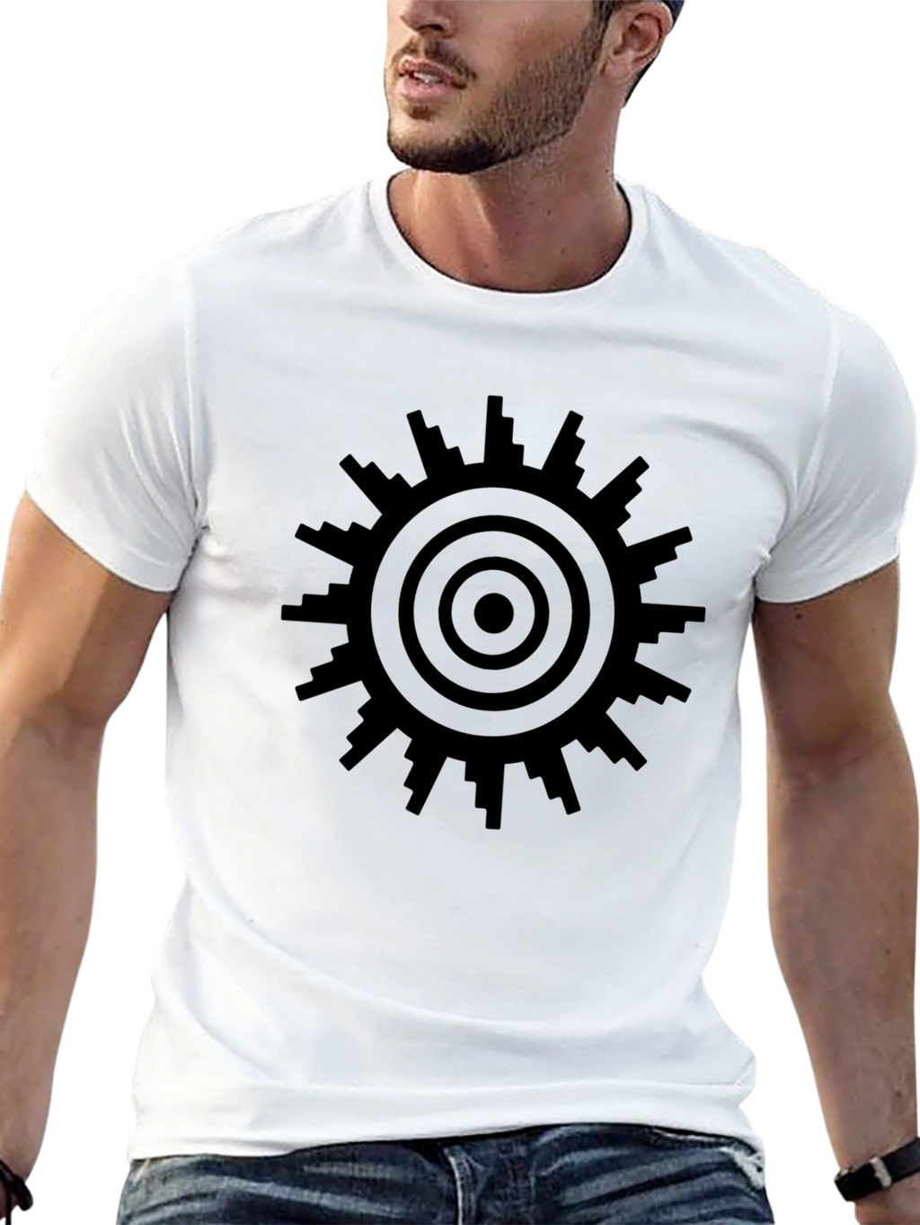 Geometric Sunburst T-Shirt - Modern Cityscape Design