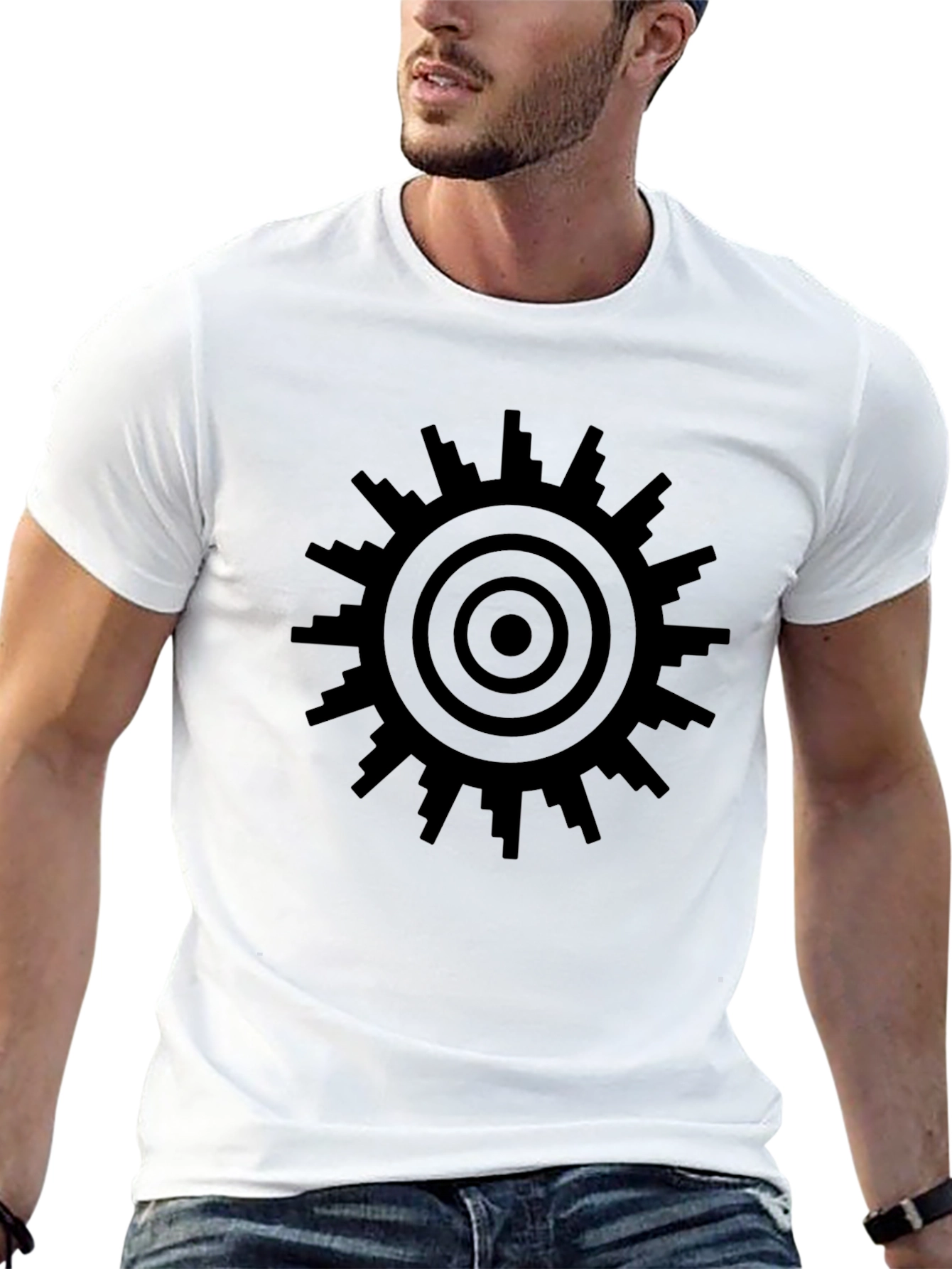 Geometric Sunburst T-Shirt - Modern Cityscape Design