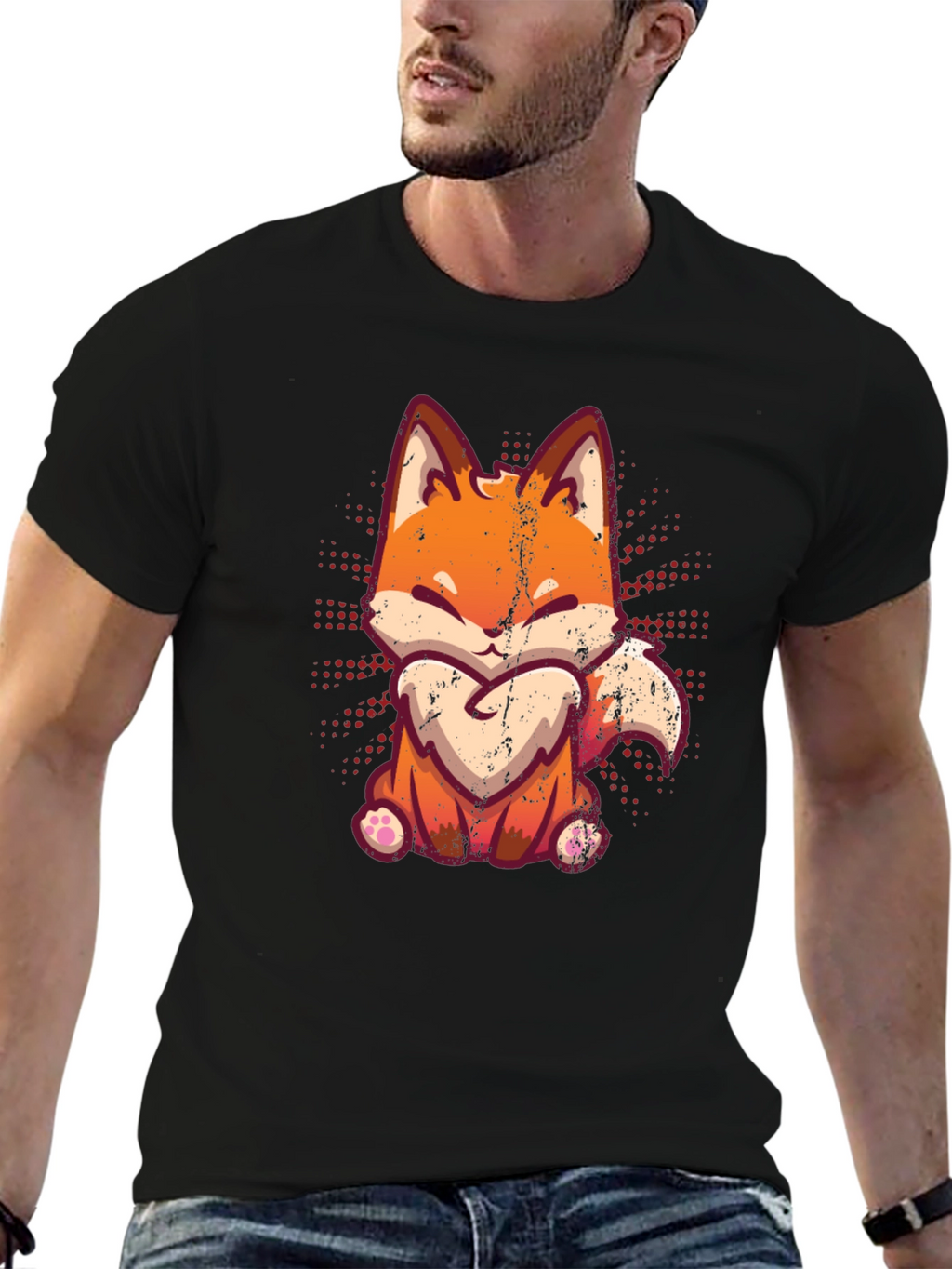 Cute Fox Graphic Print Black T-Shirt