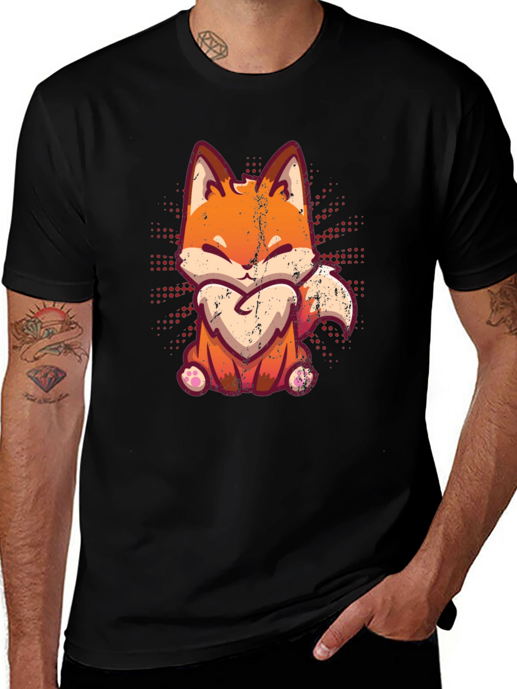 Cute Fox Graphic Print Black T-Shirt