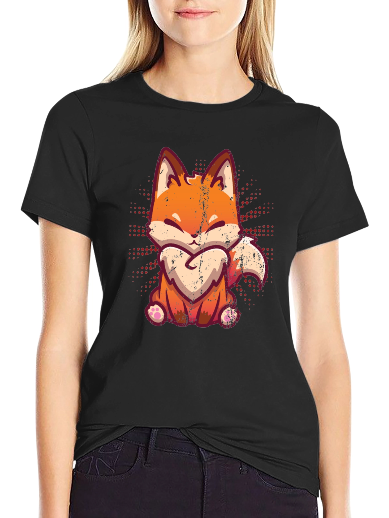 Cute Fox Graphic Print Black T-Shirt