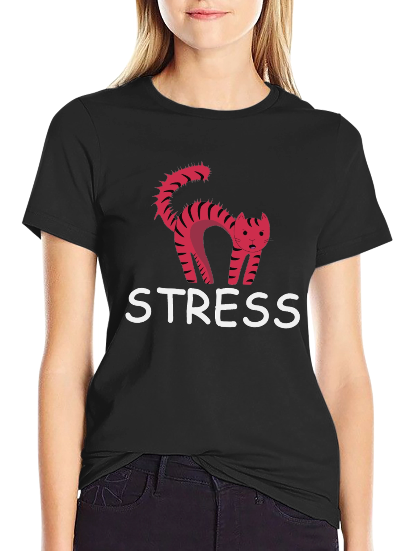 Stress Cat Graphic Tee - Black Cotton T-Shirt