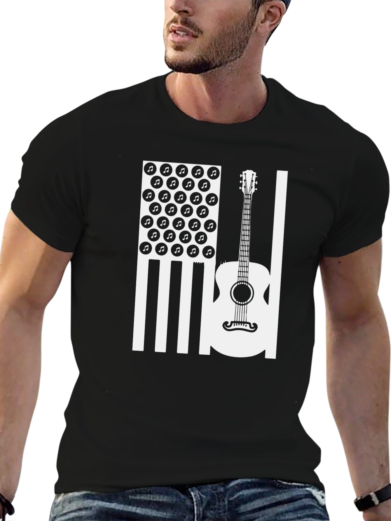Acoustic Guitar American Flag Music Note Graphic Tee