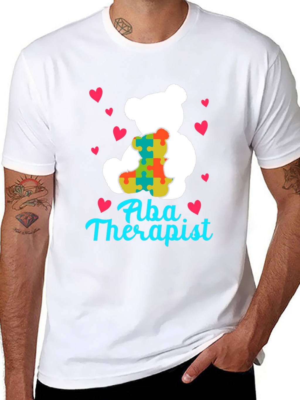 ABA Therapist Teddy Bear Puzzle Piece Heart T-Shirt