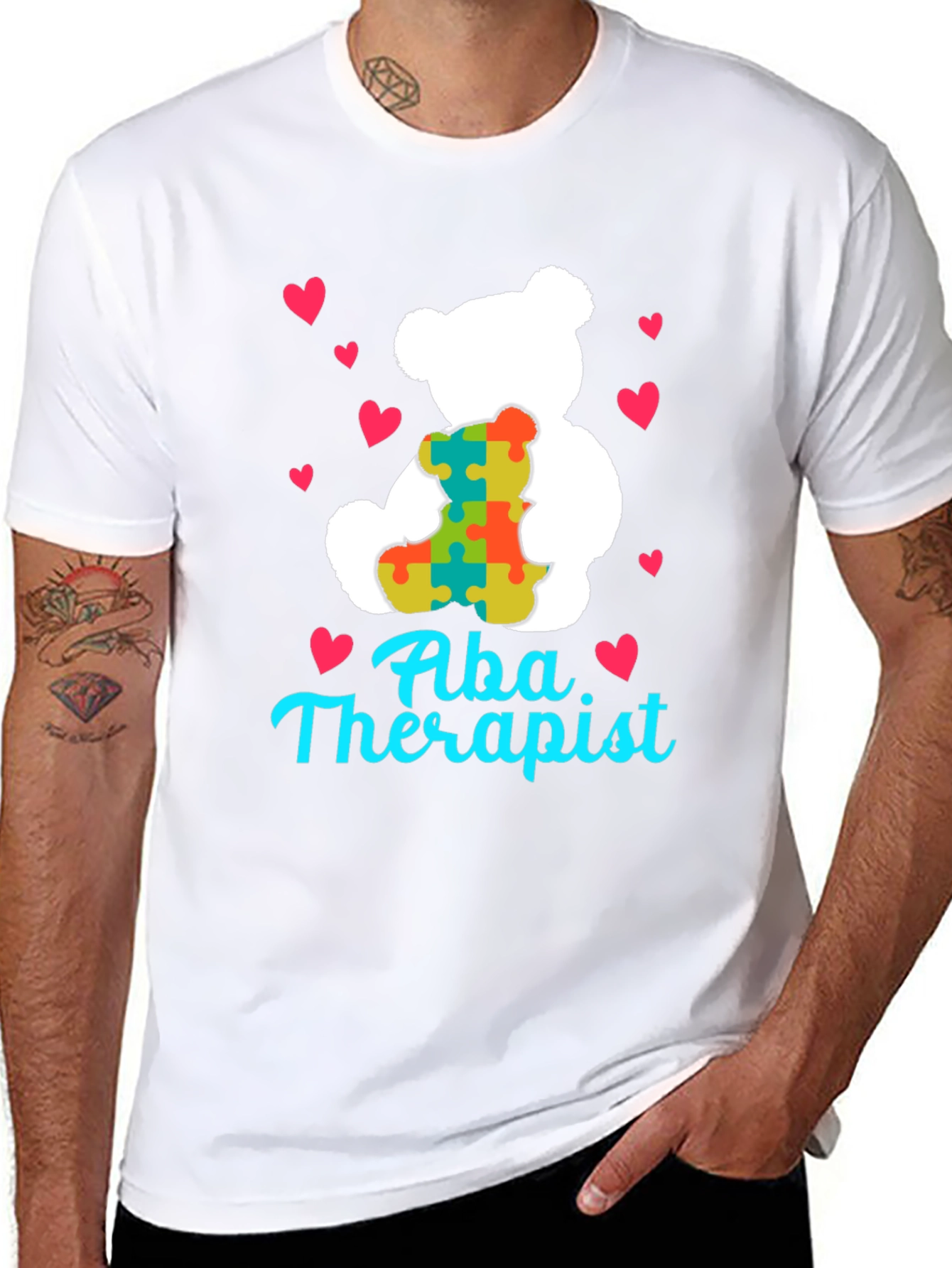 ABA Therapist Teddy Bear Puzzle Piece Heart T-Shirt