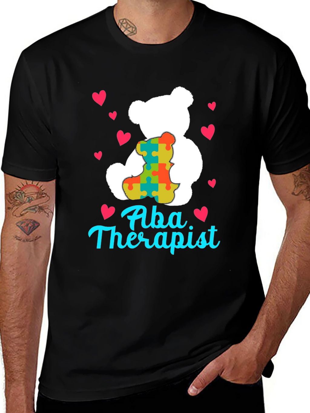 ABA Therapist Teddy Bear Puzzle Piece Heart T-Shirt