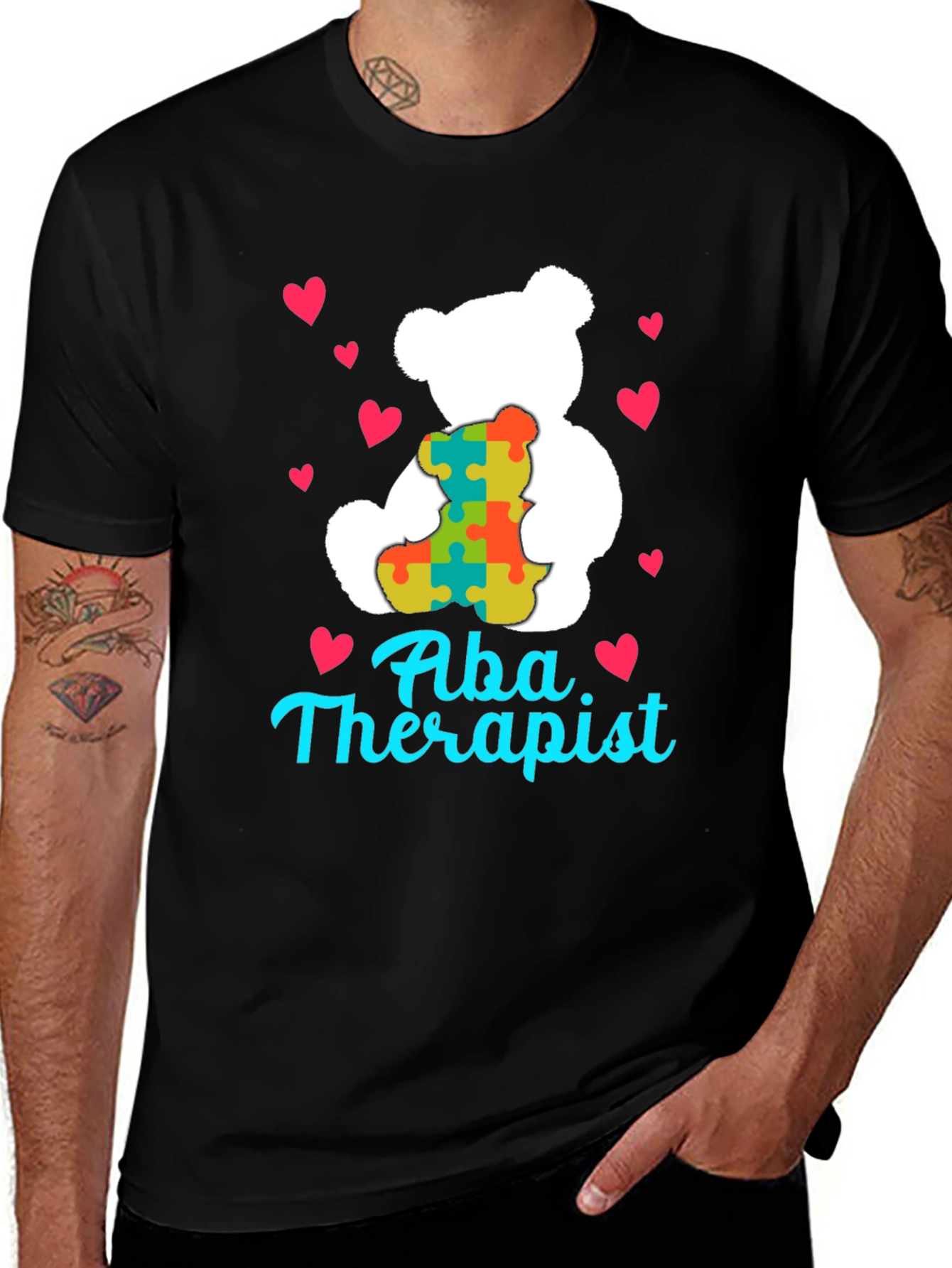 ABA Therapist Teddy Bear Puzzle Piece Heart T-Shirt