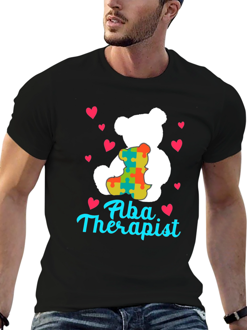 ABA Therapist Teddy Bear Puzzle Piece Heart T-Shirt