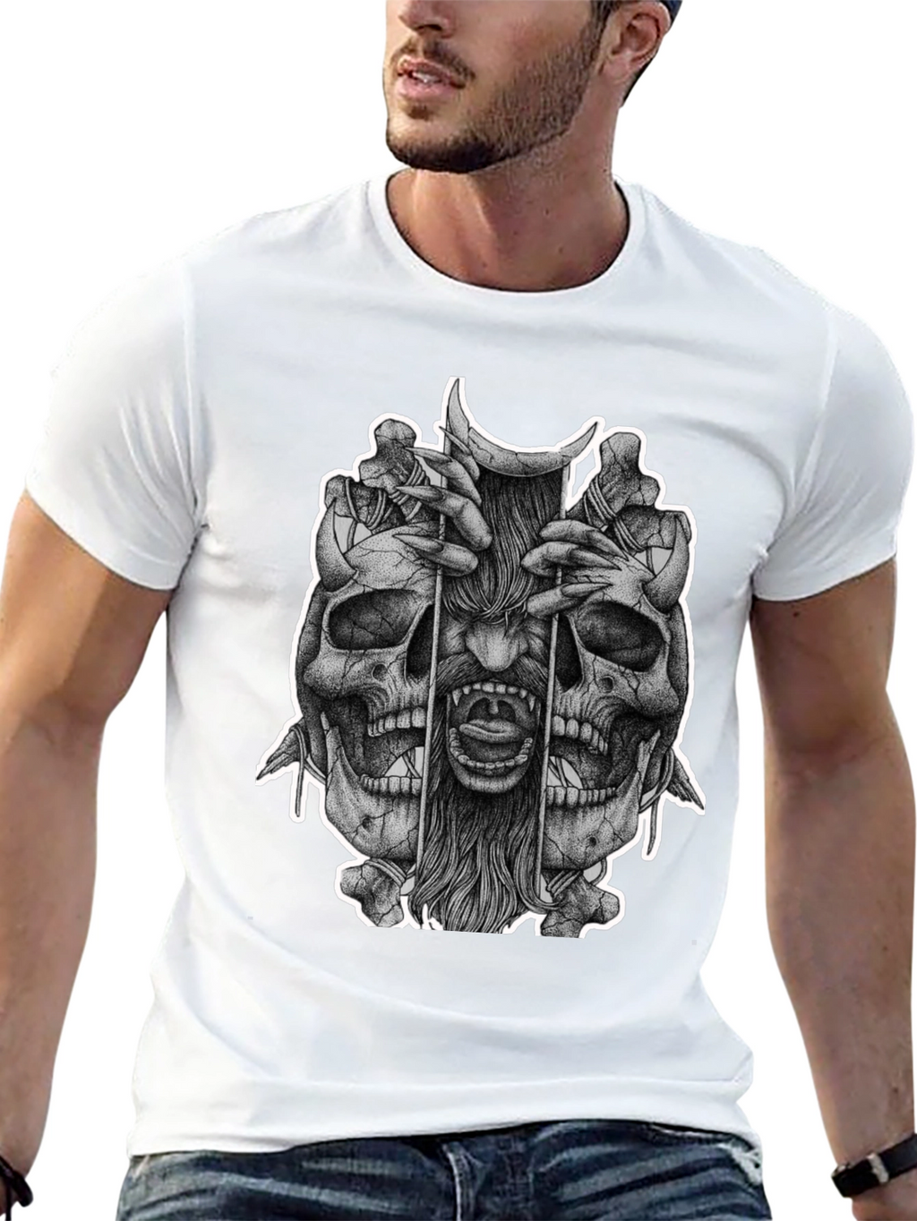 Skull & Demon Graphic Tee - Black Cotton T-Shirt