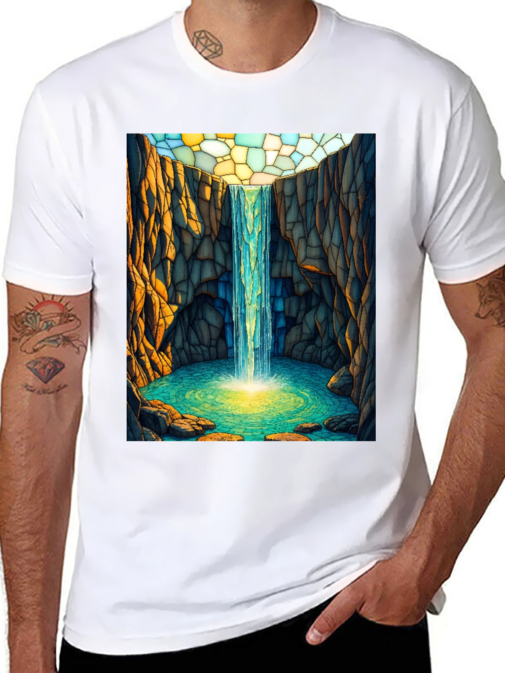 Waterfall Stained Glass Art Black T-Shirt
