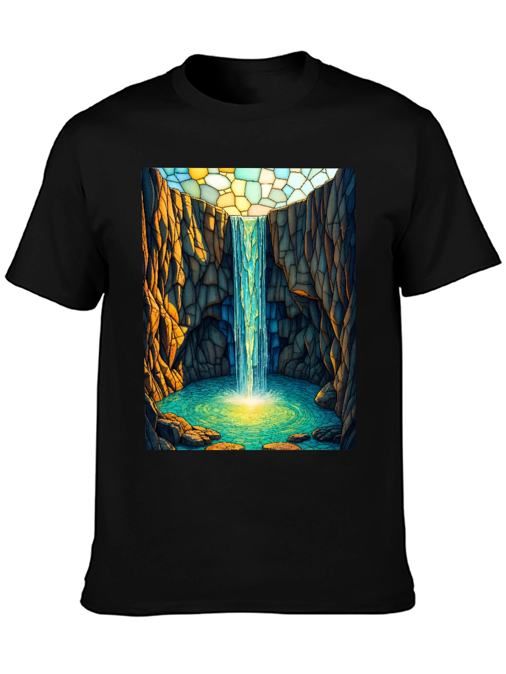 Waterfall Stained Glass Art Black T-Shirt