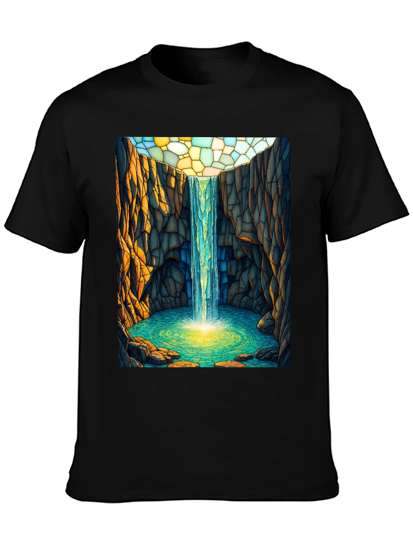 Waterfall Stained Glass Art Black T-Shirt
