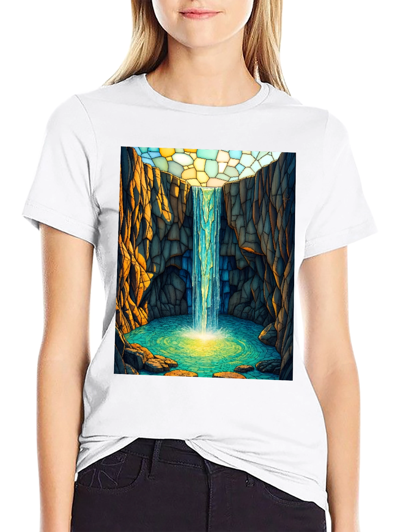 Waterfall Stained Glass Art Black T-Shirt