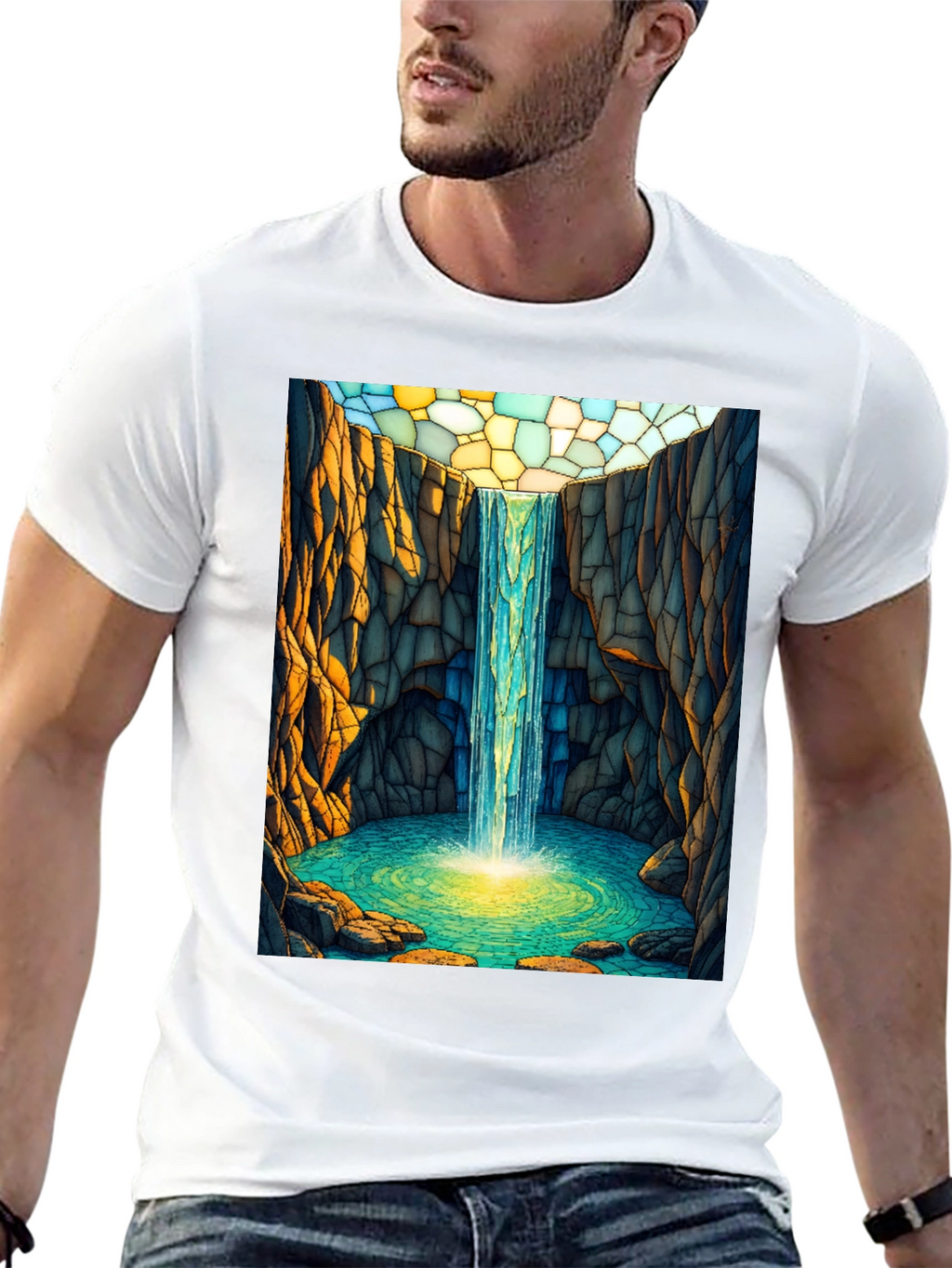 Waterfall Stained Glass Art Black T-Shirt