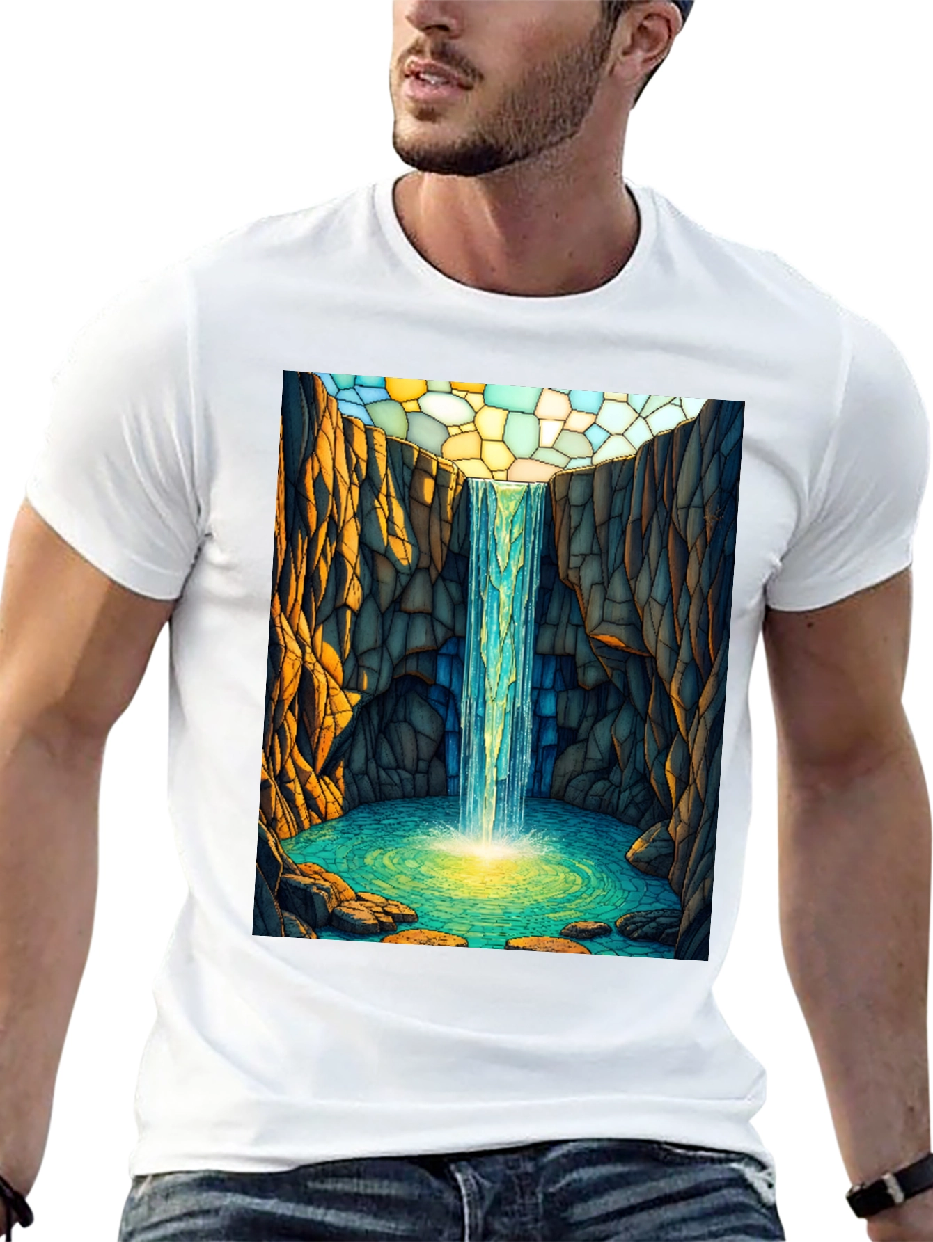 Waterfall Stained Glass Art Black T-Shirt