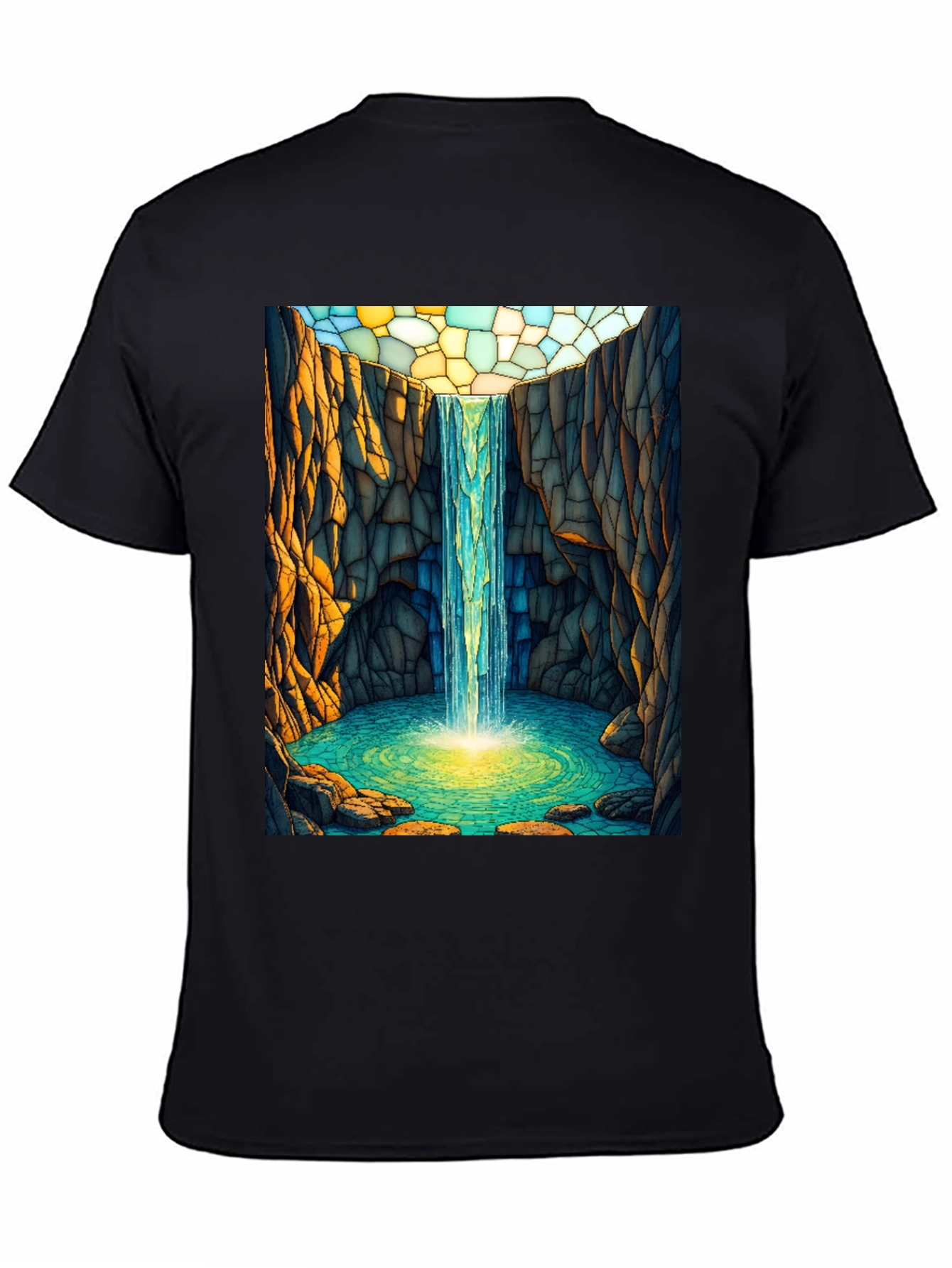 Waterfall Stained Glass Art Black T-Shirt