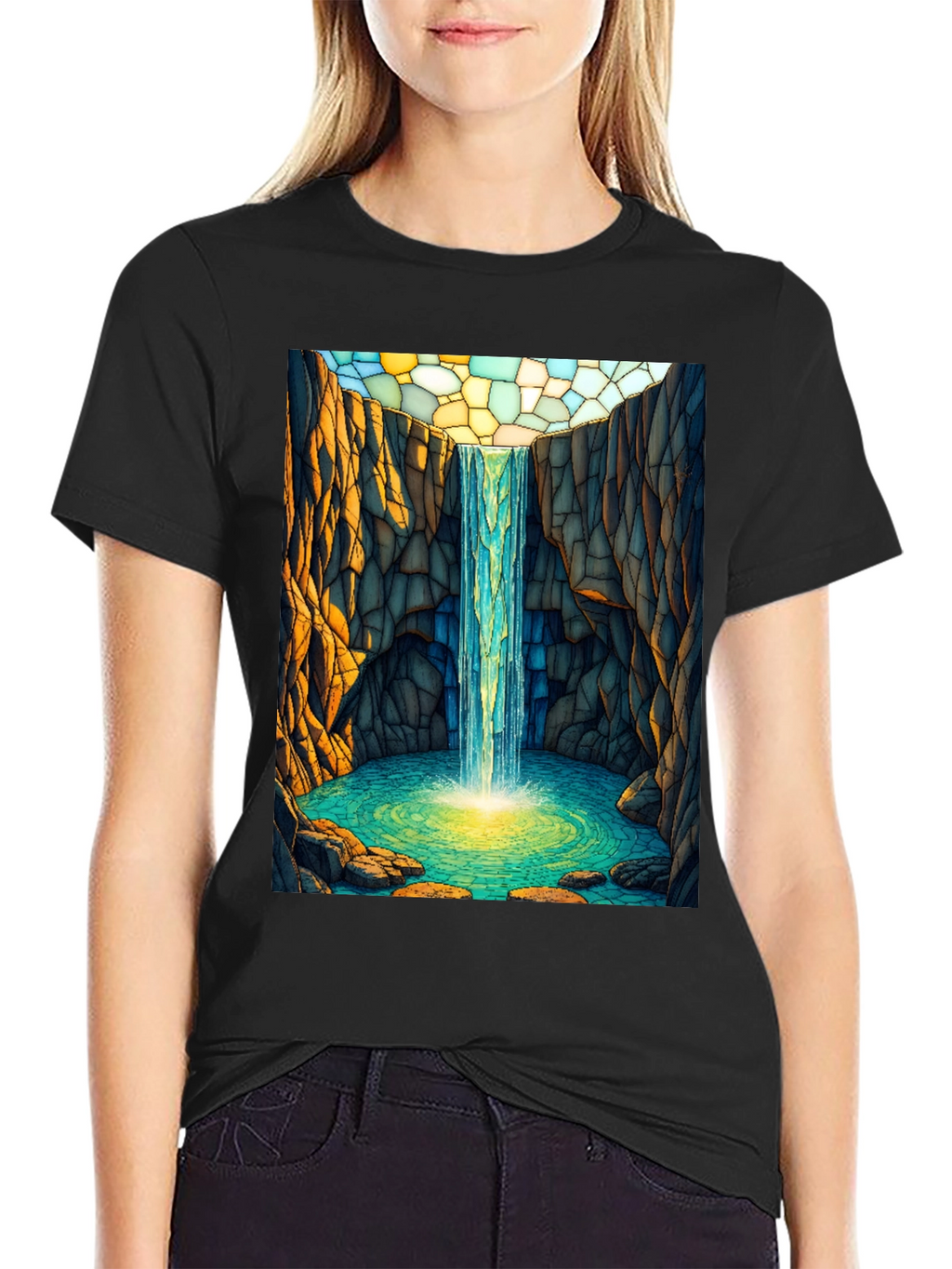 Waterfall Stained Glass Art Black T-Shirt