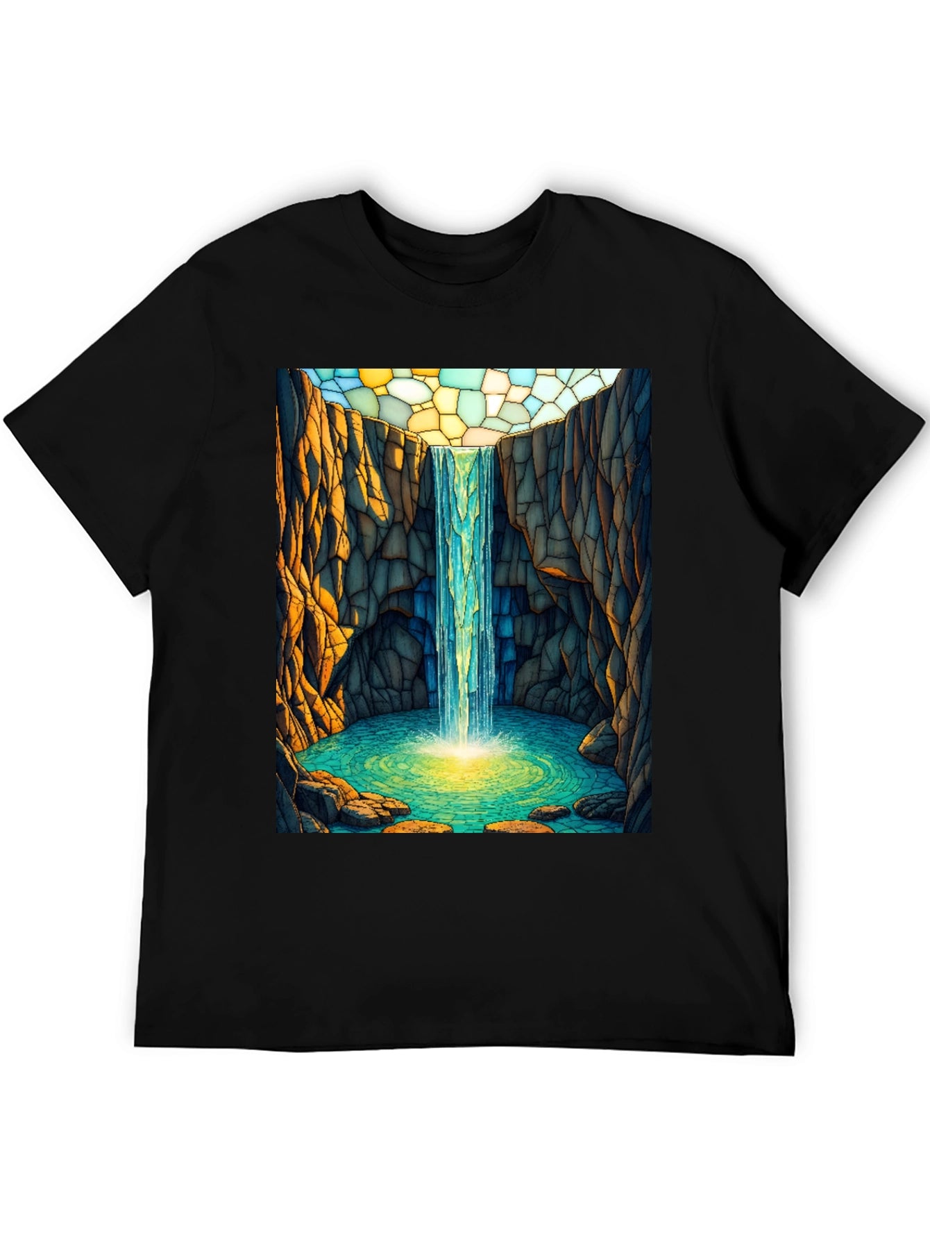 Waterfall Stained Glass Art Black T-Shirt