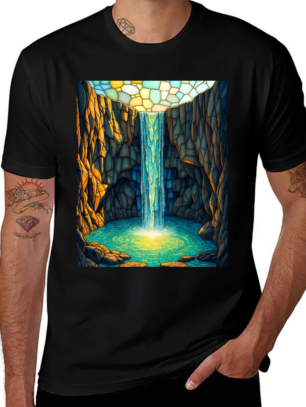 Waterfall Stained Glass Art Black T-Shirt