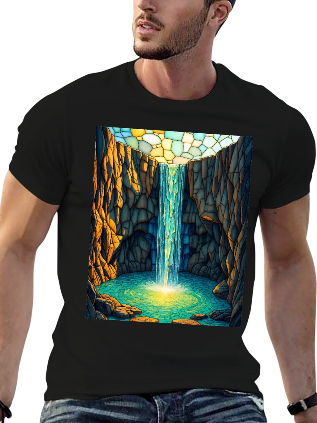 Waterfall Stained Glass Art Black T-Shirt