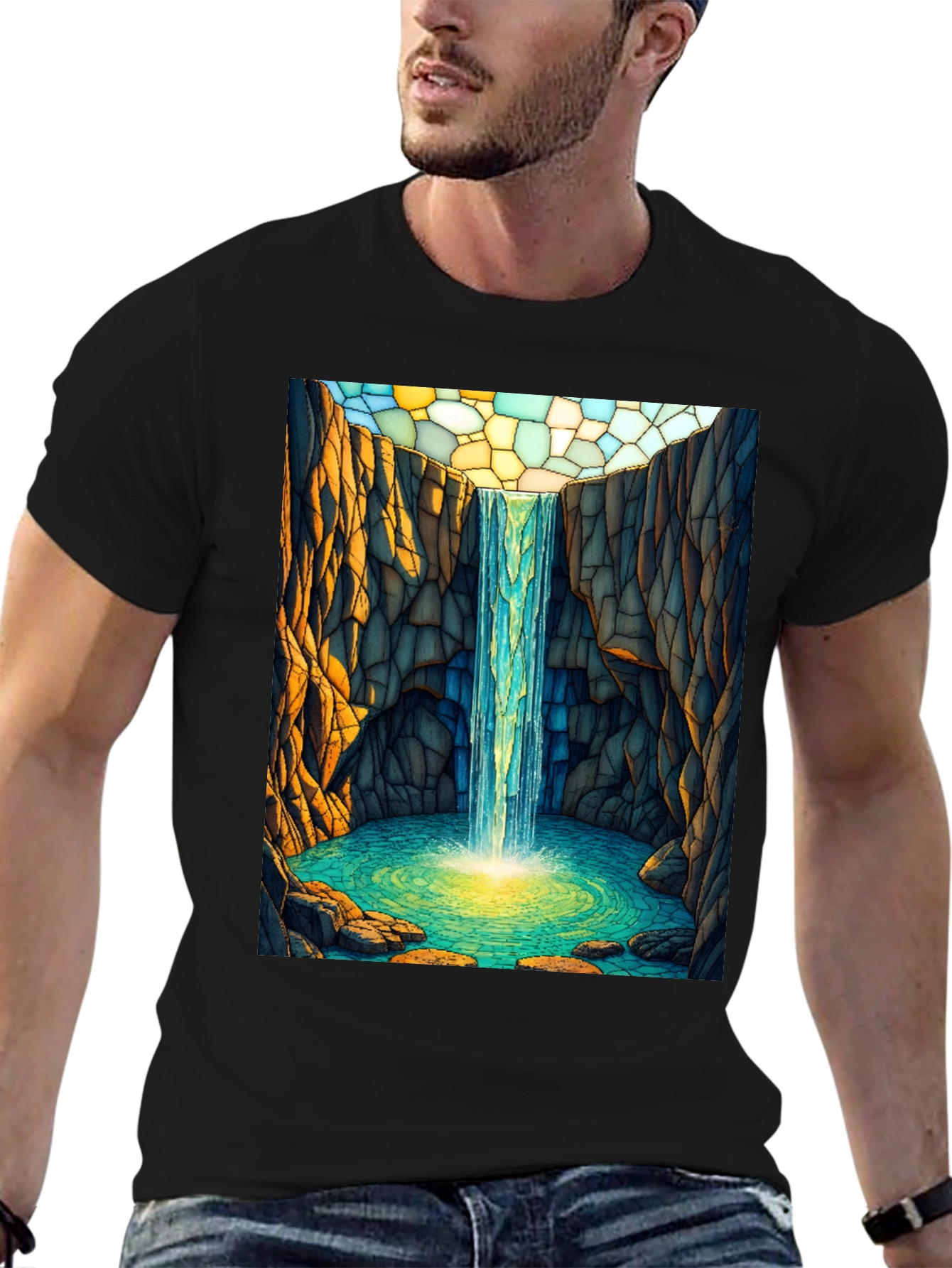 Waterfall Stained Glass Art Black T-Shirt