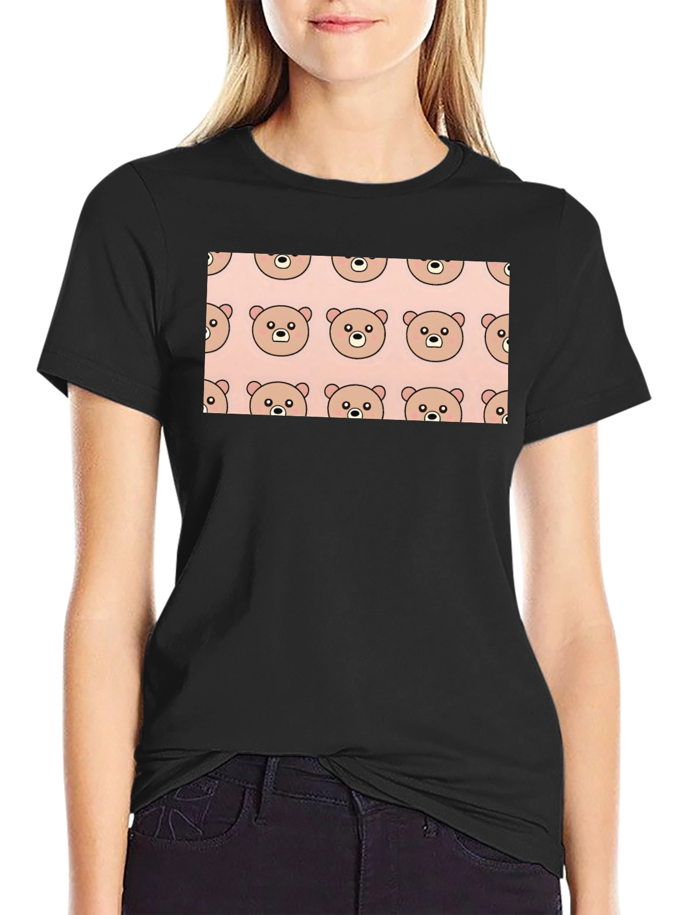 Cute Bear Pattern Black T-Shirt