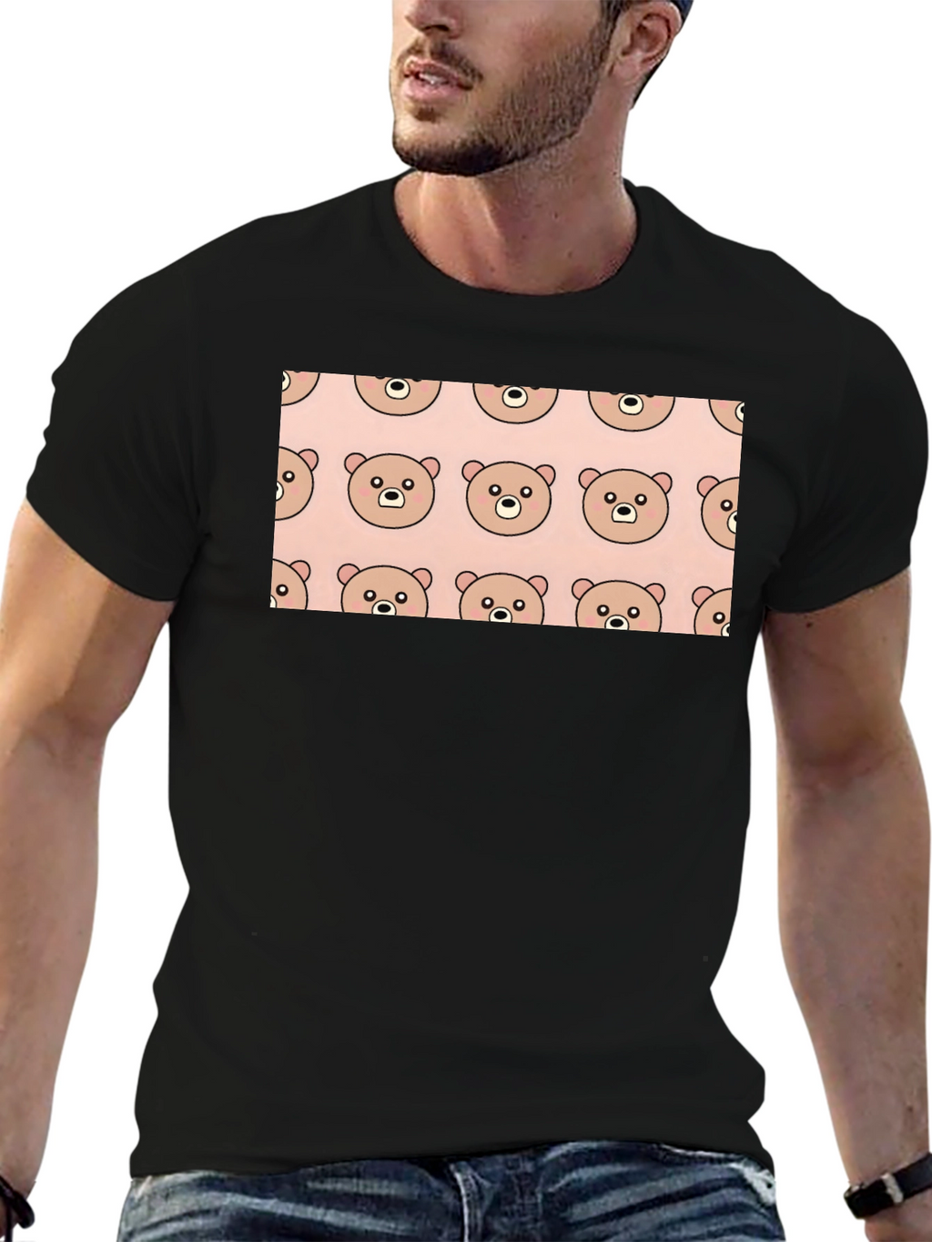 Cute Bear Pattern Black T-Shirt