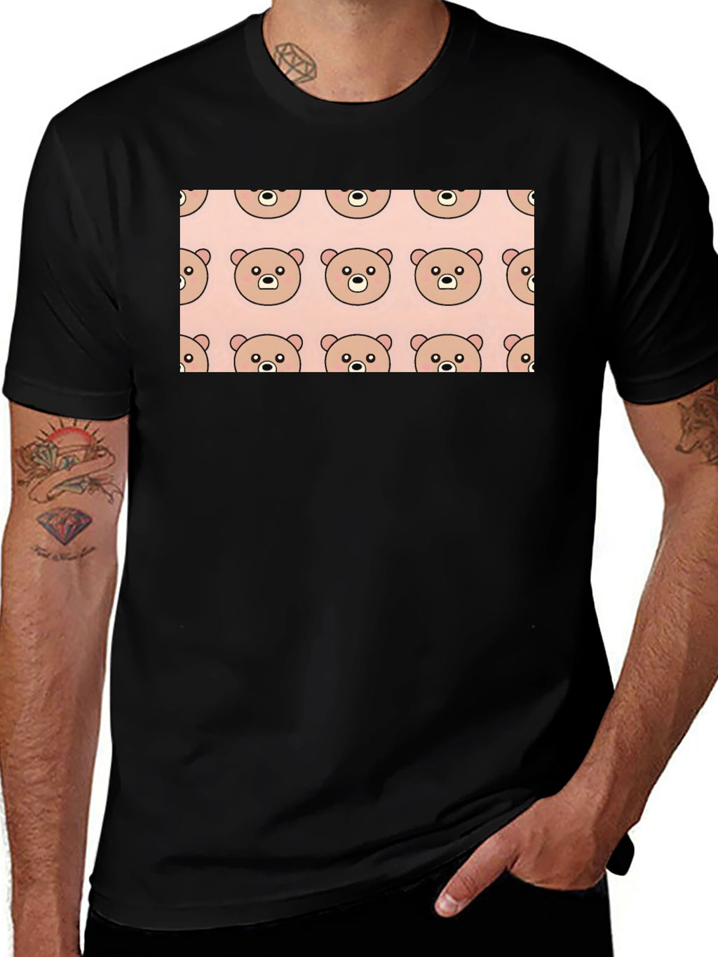 Cute Bear Pattern Black T-Shirt