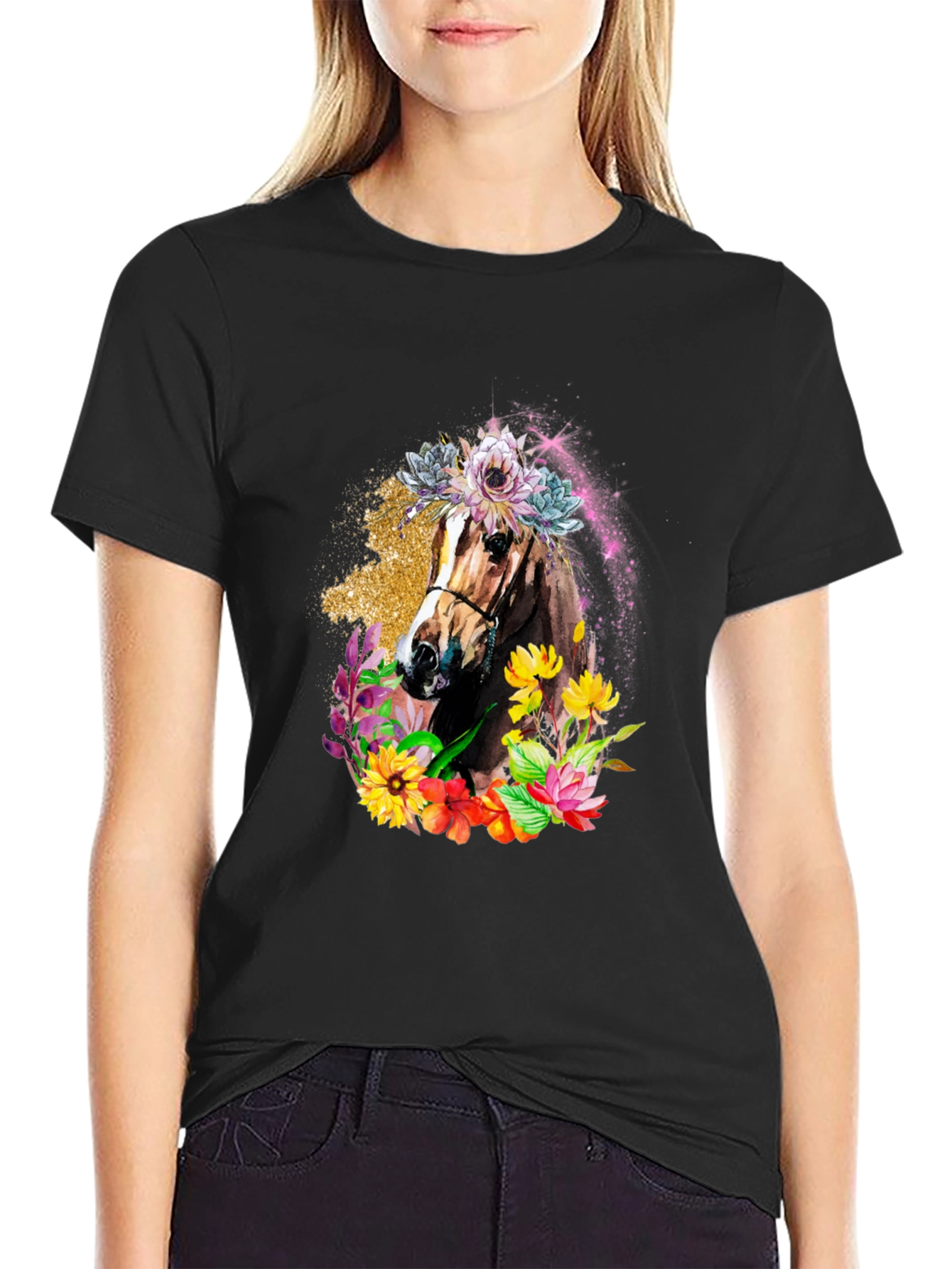 Floral Horse Graphic Tee - Black Unisex T-Shirt
