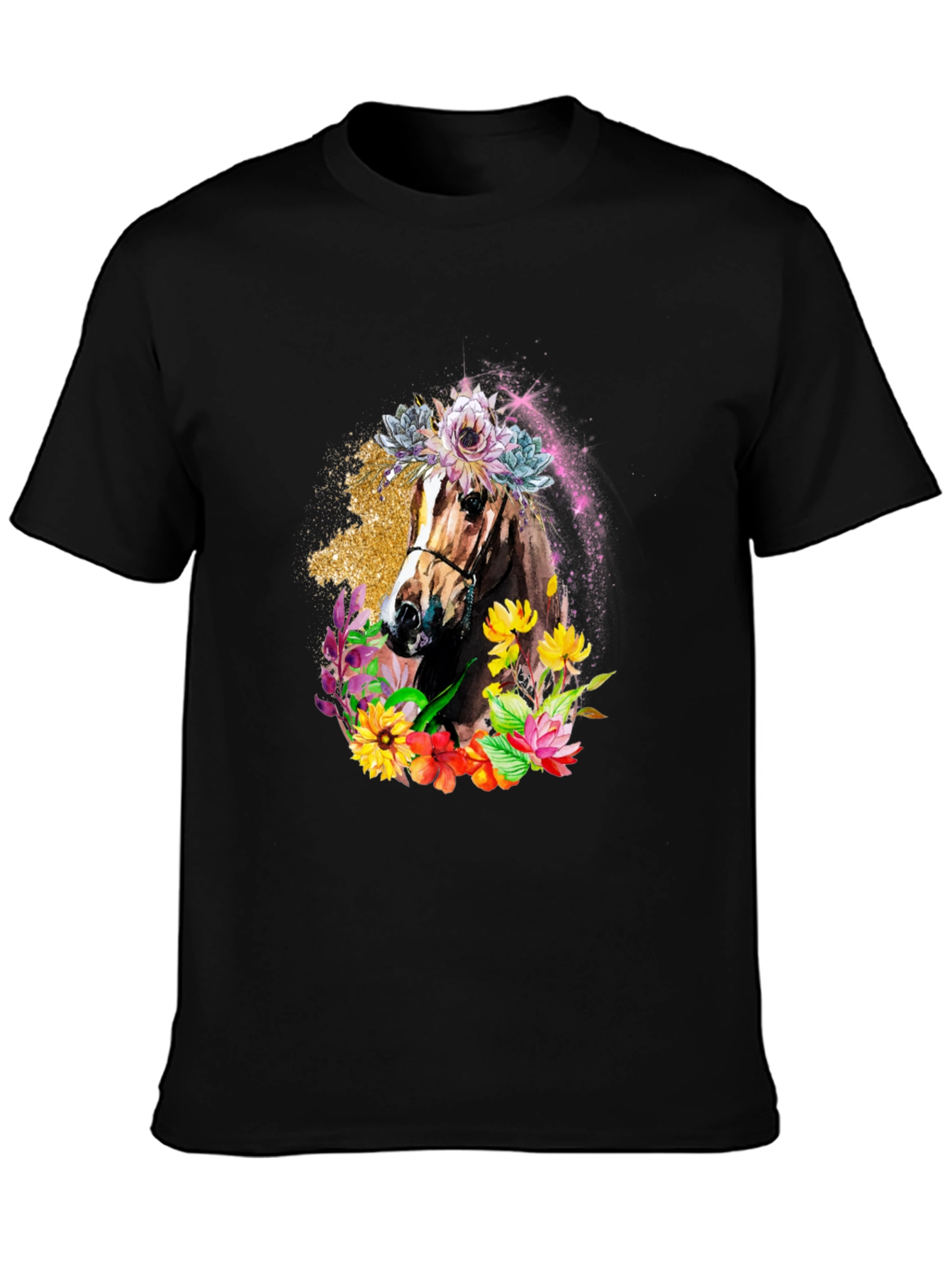 Floral Horse Graphic Tee - Black Unisex T-Shirt