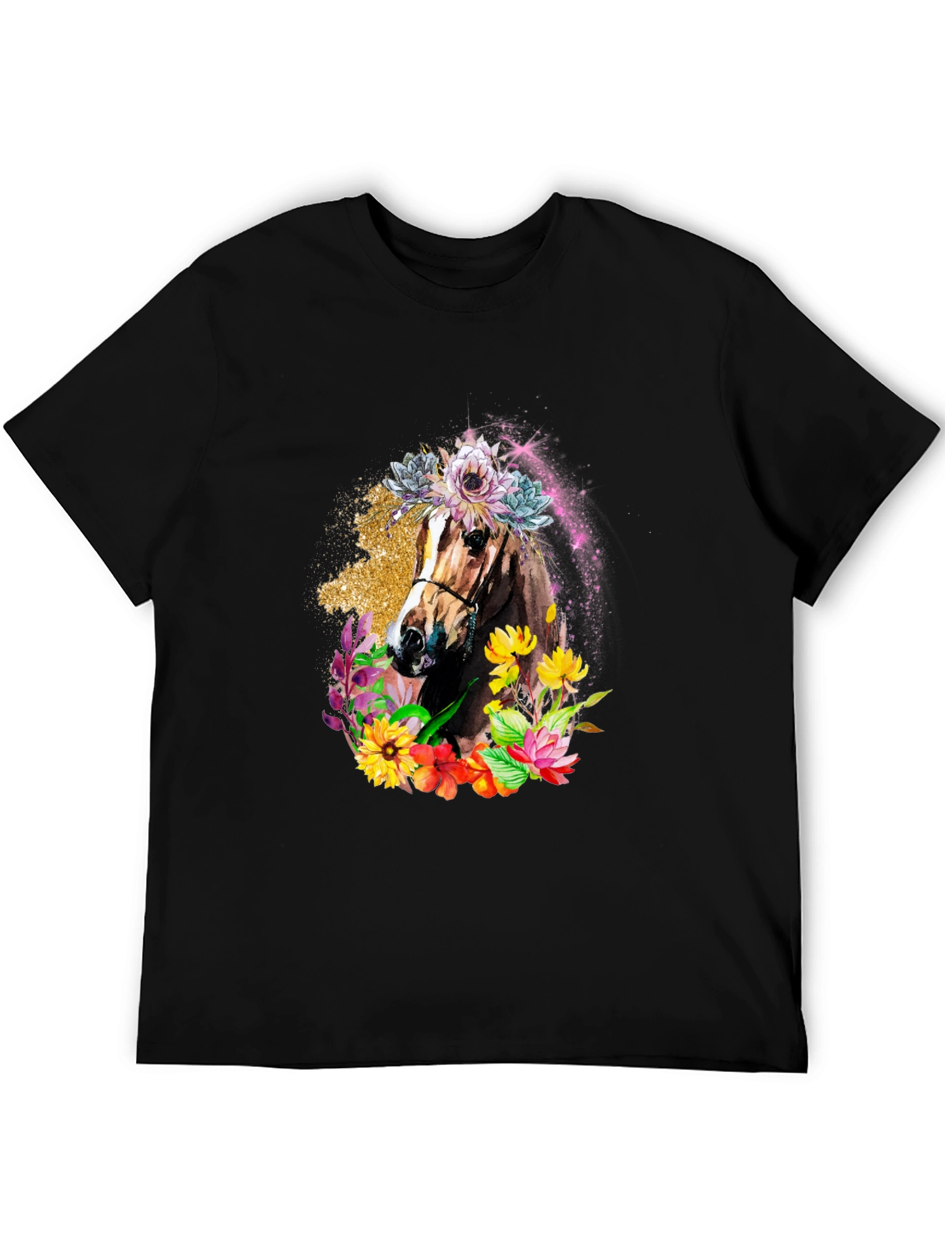 Floral Horse Graphic Tee - Black Unisex T-Shirt